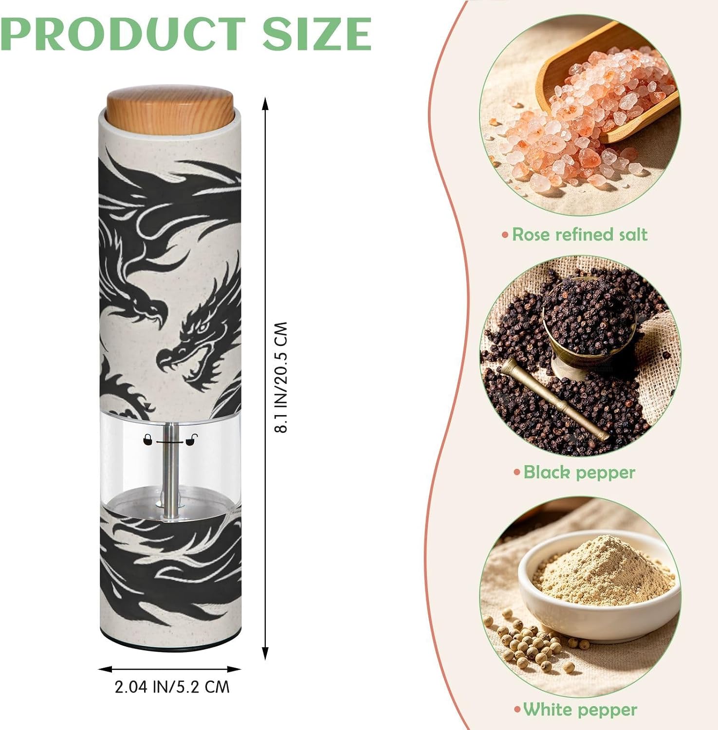 ALAZA Electric Pepper Grinder with Adjustable Coarseness, Dragon Phoenix Silhouette Battery Automatic Salt and Pepper Mill with Led, One-Handed Operation Spice Grinder for Kitchen, Camping & BBQ