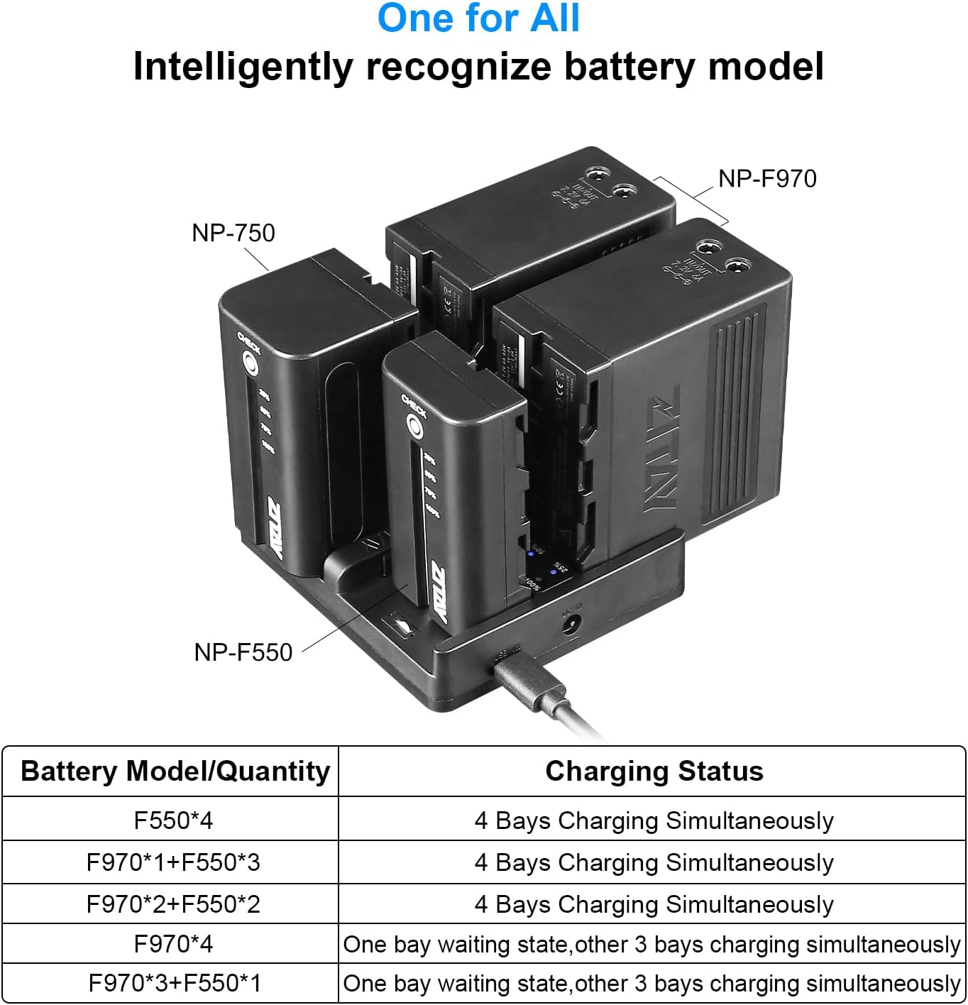 ZITAY 4-Channel USB C Fast Charging Station with PD 65W Quick Charger Adapter Kit for Sony NP-F550, NP-F750, NP-F770, NP-F970 Batteries