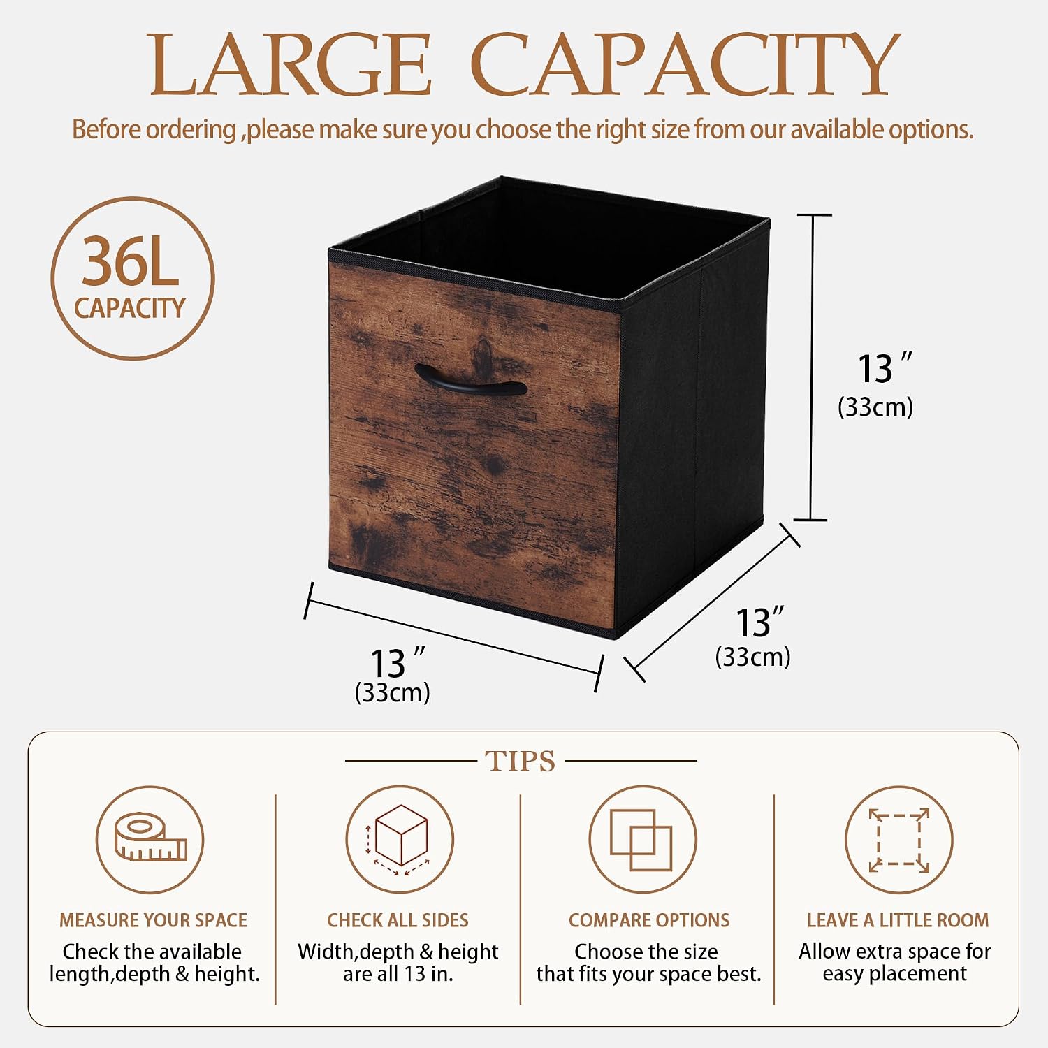 WUIKE 13-Inch Rust Brown Cube Storage Bins, Wood Print Front, 4-Pack image 2