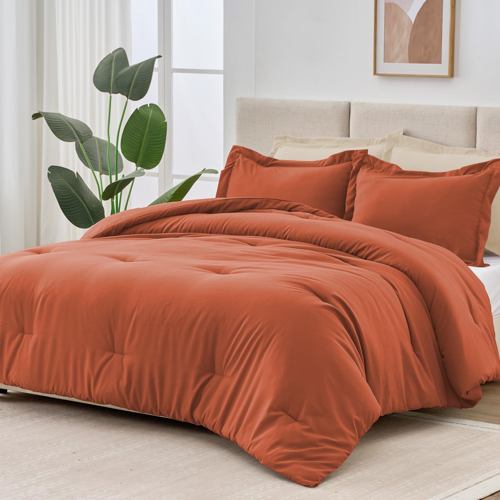 Cosy moment Queen Comforter Set - 3 Pieces Comforters Queen Size Burnt Orange, Boho Quilted Style Bedding Sets with Luxury Fluffy Soft Microfiber Comforter for All Season(1 Comforter & 2 PillowShams)
