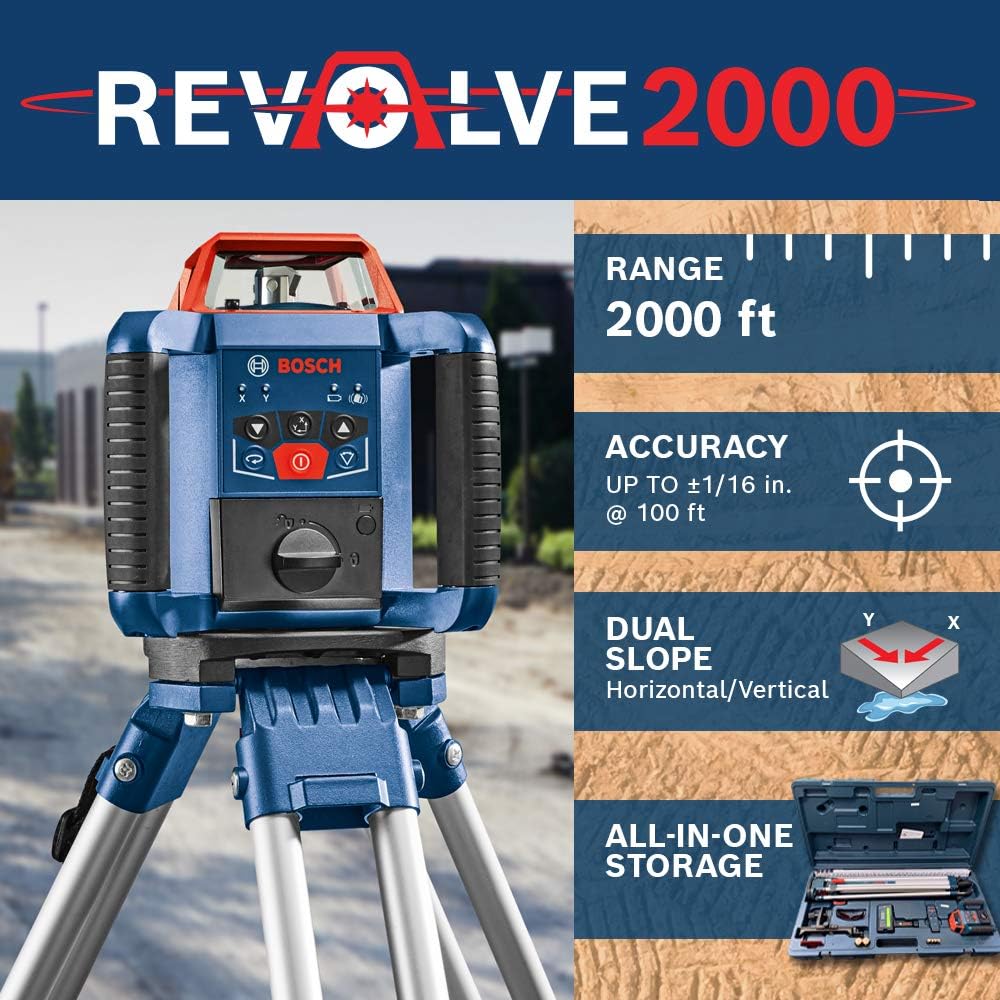 BOSCH REVOLVE2000 GRL2000-40HVK Exterior 2000ft Range Horizontal/Vertical Self-Leveling Cordless Rotary Laser Kit with Tripod, 13ft Grade Rod and Laser Receiver - - 