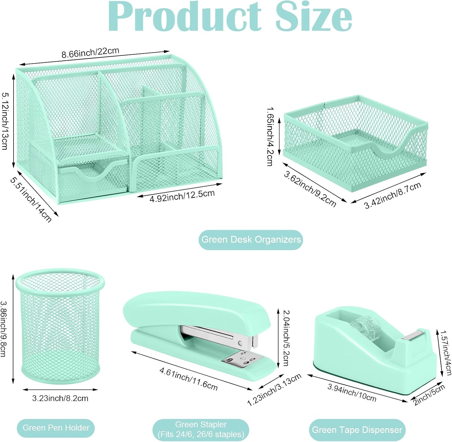 auroray Green Desk Organizers and Accessories, Teal Office Supplies Set Green Mesh Desk Organizer, Stapler, Tape Dispenser, 1000 Staples, Staple Remover, Pen Holder, Clips Set, Ruler, Scissors