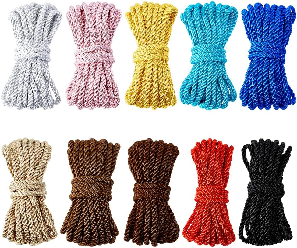 PH PandaHall 54.7 Yards Twisted Cord 10 Colors Silk Rope Cording 5mm Polyester Trim Braided Twist Rope for Bag Handle Gift Wrapping Bracelet Party Christmas Decor DIY Crafts Upholstery Sewing