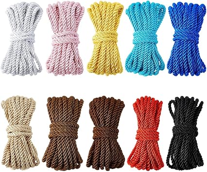 PH PandaHall 54.7 Yards Twisted Cord 10 Colours Silk Rope Cording 5mm Polyester Trim Braided Twist Rope for Bag Handle Gift Wrapping Bracelet Party Christmas Decor DIY Crafts Upholstery Sewing
