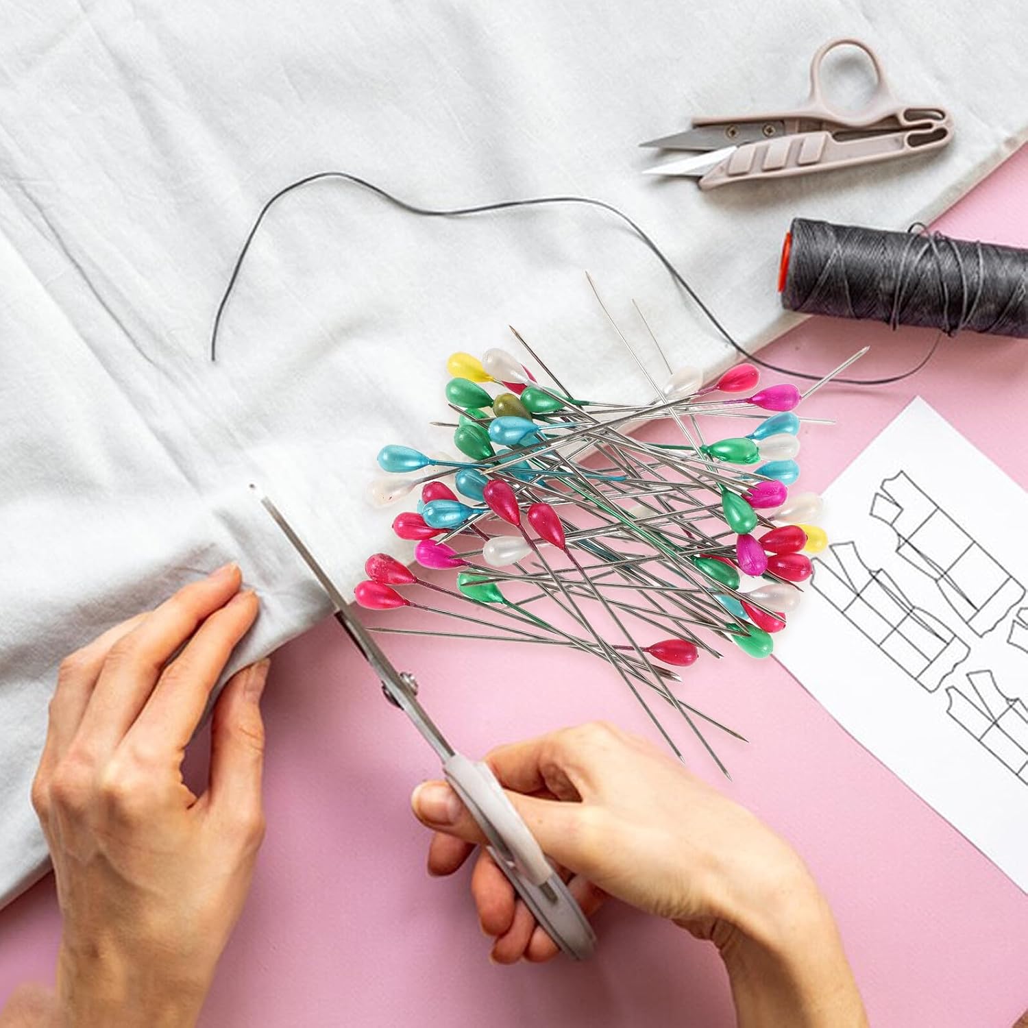 Healifty Colorful Glass Head Sewing Locating Pins 5.5 Inch 200pcs Straight Pins for Fabric Sewing DIY Corsage with White Pearl Teardrop Heads Quilting and Craft Supplies