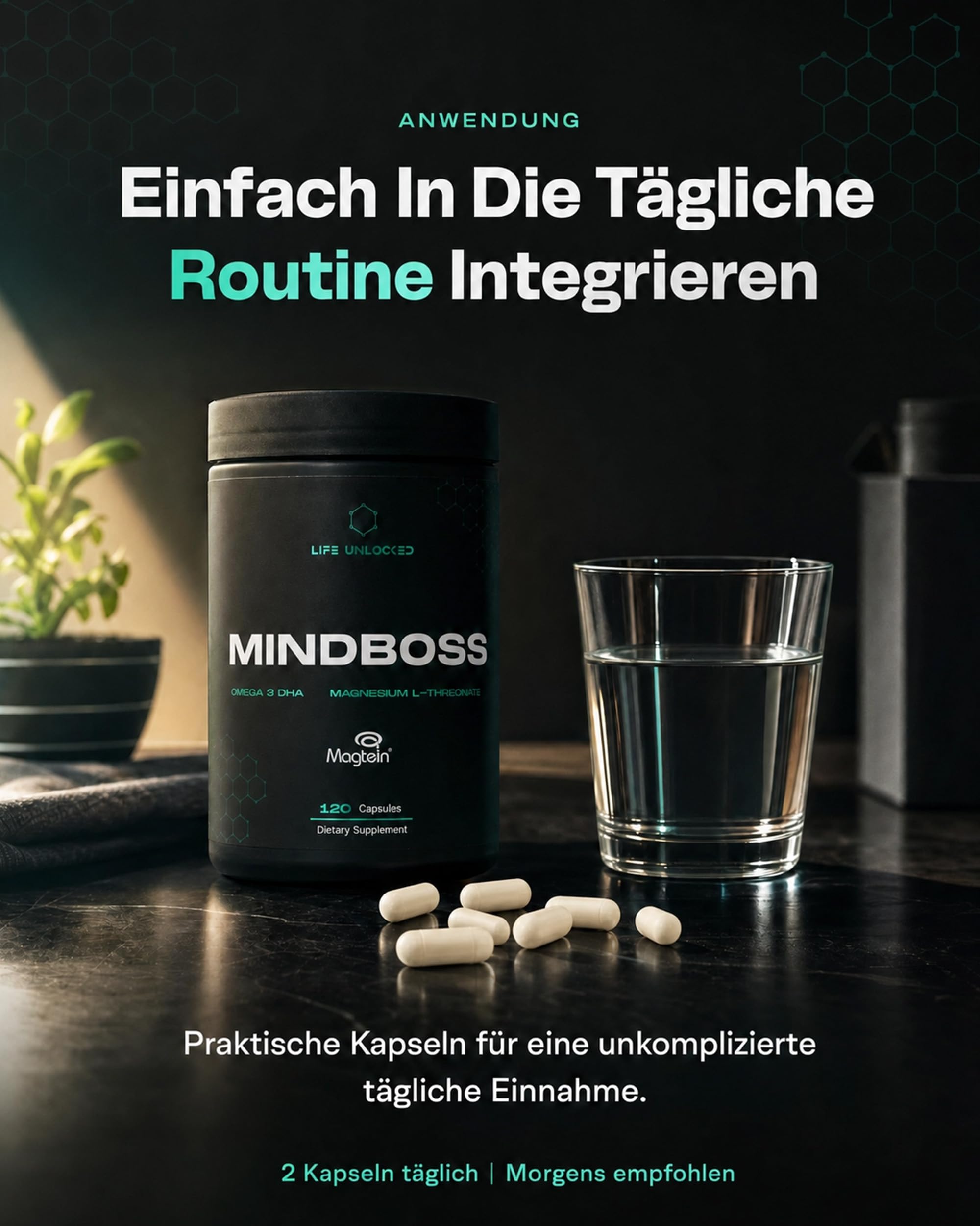 MindBoss Omega-3 DHA Vegan + Magtein Magnesium L-Threonat - Gehirn & Kognition Supplement - Algen-Quelle - ISO 17025 Geprüft - 120 Kapseln