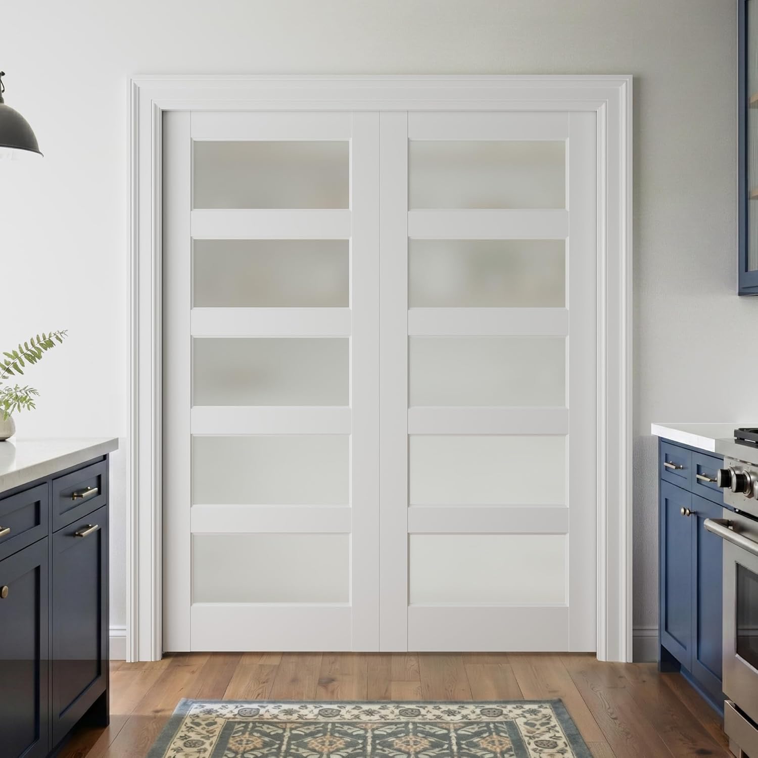 48"x80" Soft Close Sliding Pocket Door, 5-Lite Tempered Frosted Glass, Solid Core MDF Pre-Assembled with Frame & Hardware, Paintable White Primed Interior Closet Door