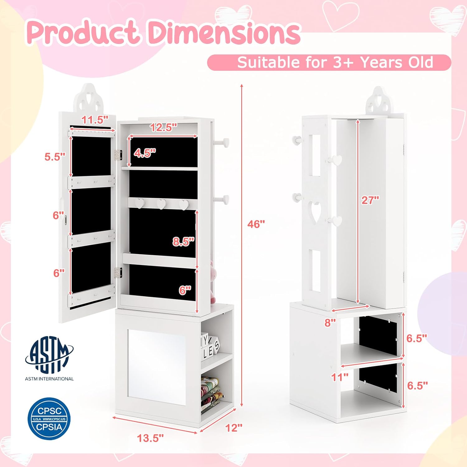 Costzon Kids Jewelry Armoire Cabinet, 46" Standing Jewelry Organizer with Full-Length Mirror, Rear Storage Shelves, Garment Rack, Kids Vanity Dress Up Mirror Jewelry Cabinet for Girls (White)