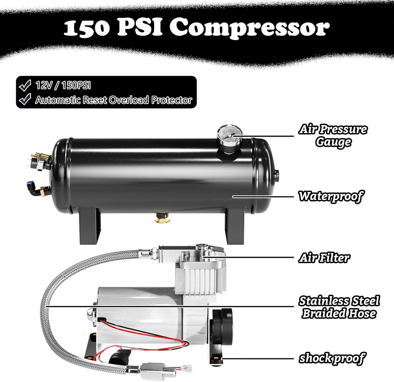 150DB Train Air Horn Kit, 4 Horn Kits for 150 PSI 12V Air Compressors, Ultra Loud Air Horn With Built-in 90-120 PSI Pressure Switch and Temperature Controller for Truck Complete Kit, Black 1.59 Gallon
