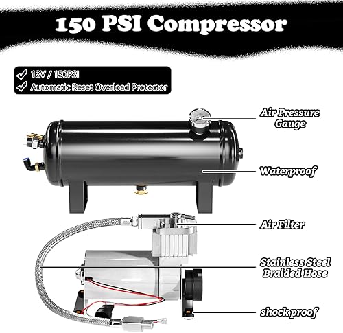 Miniatura 5 de Compresor de aire de 150PSI 12V con tanque de 1.59 galones, bomba de compresor de tanque de aire de 6L para tren, camión, bocina de tren de aire,