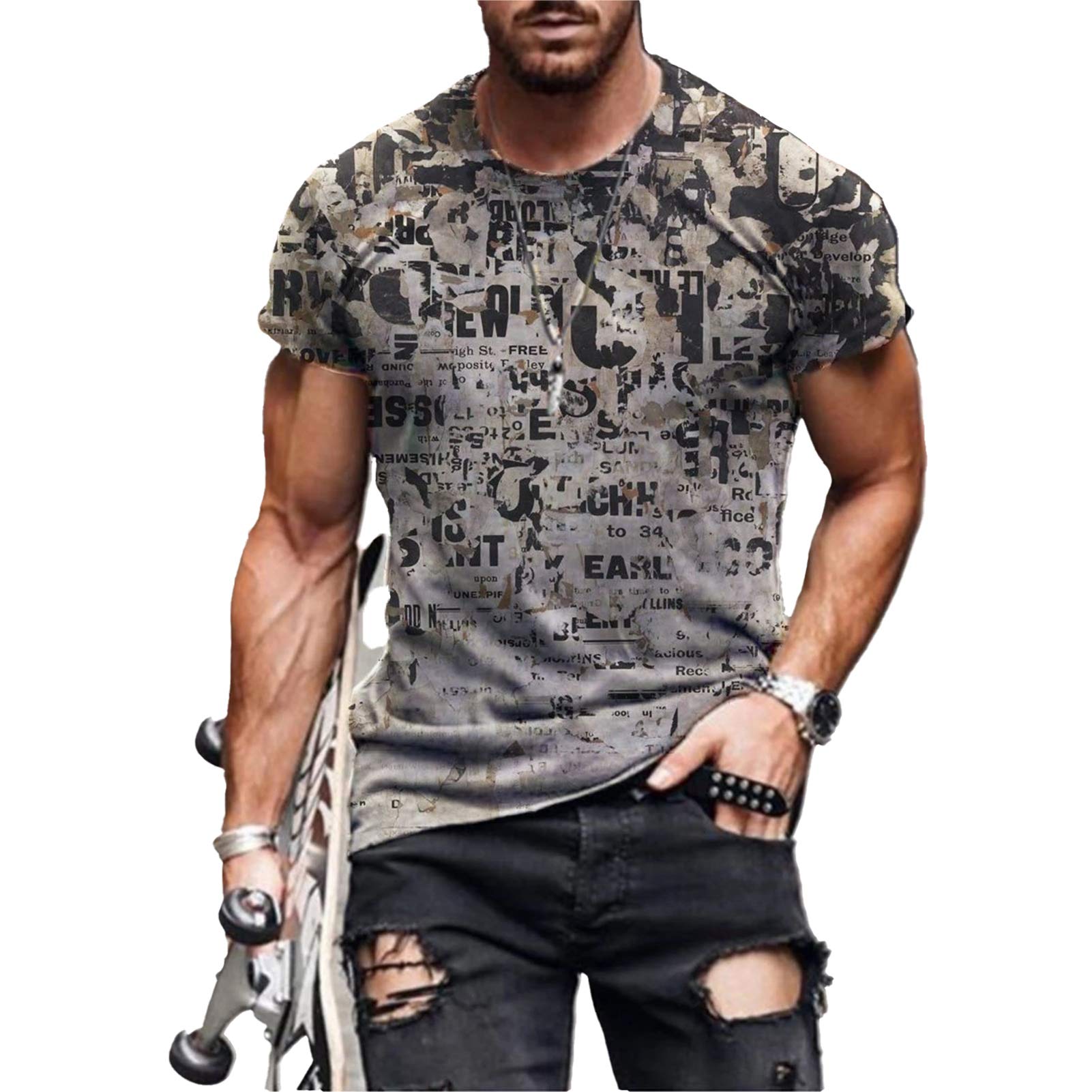 HYYPMen's T-Shirt Tops Fashion Printed Pattern Casual Summer Novelty Round Neck Pullover,Street Cool Hip Hop Short Sleeve T-Shirt E-XXXXXL