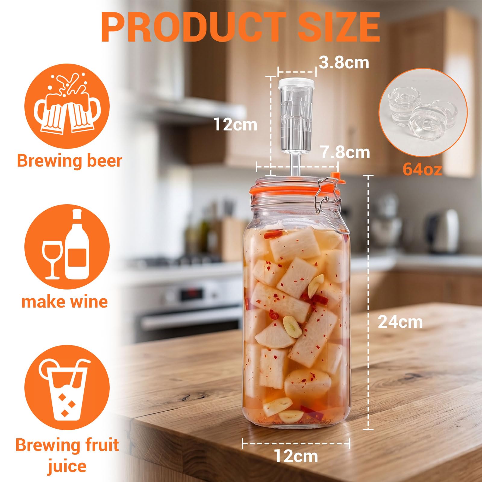 Generisch 2 barattoli in vetro per fermentazione, con fermentazione e peso, contenitori per crauti, kimchi, sottaceti, met, sidro e altro (1,8 l)