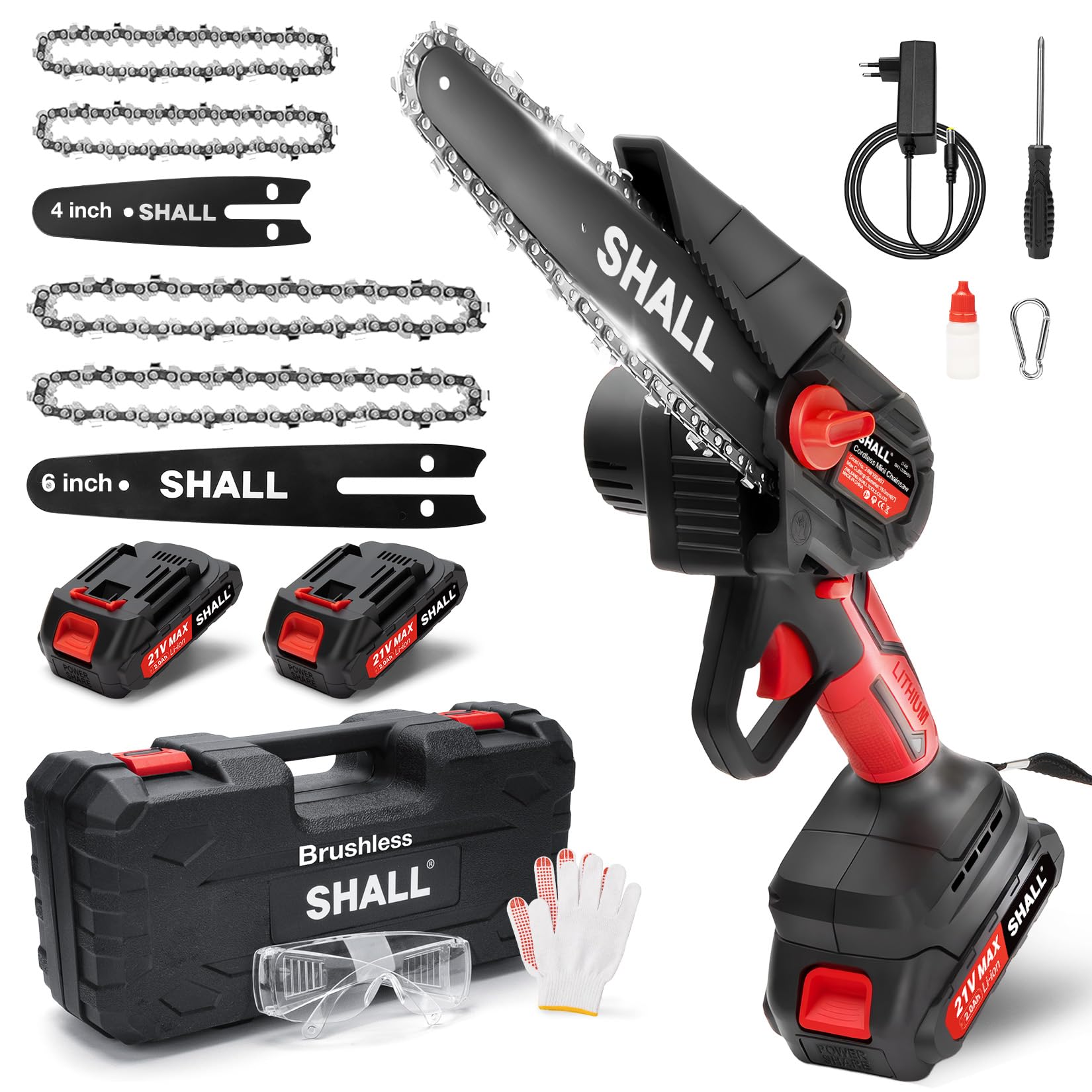SHALL Mini tronçonneuse portable,​Moteur sans balais 21 V,​2 batteries à charge rapide,​4 chaînes, coupant des branches, de jardinage meilleur choix pour mari, père, amateurs de bricolage en bois