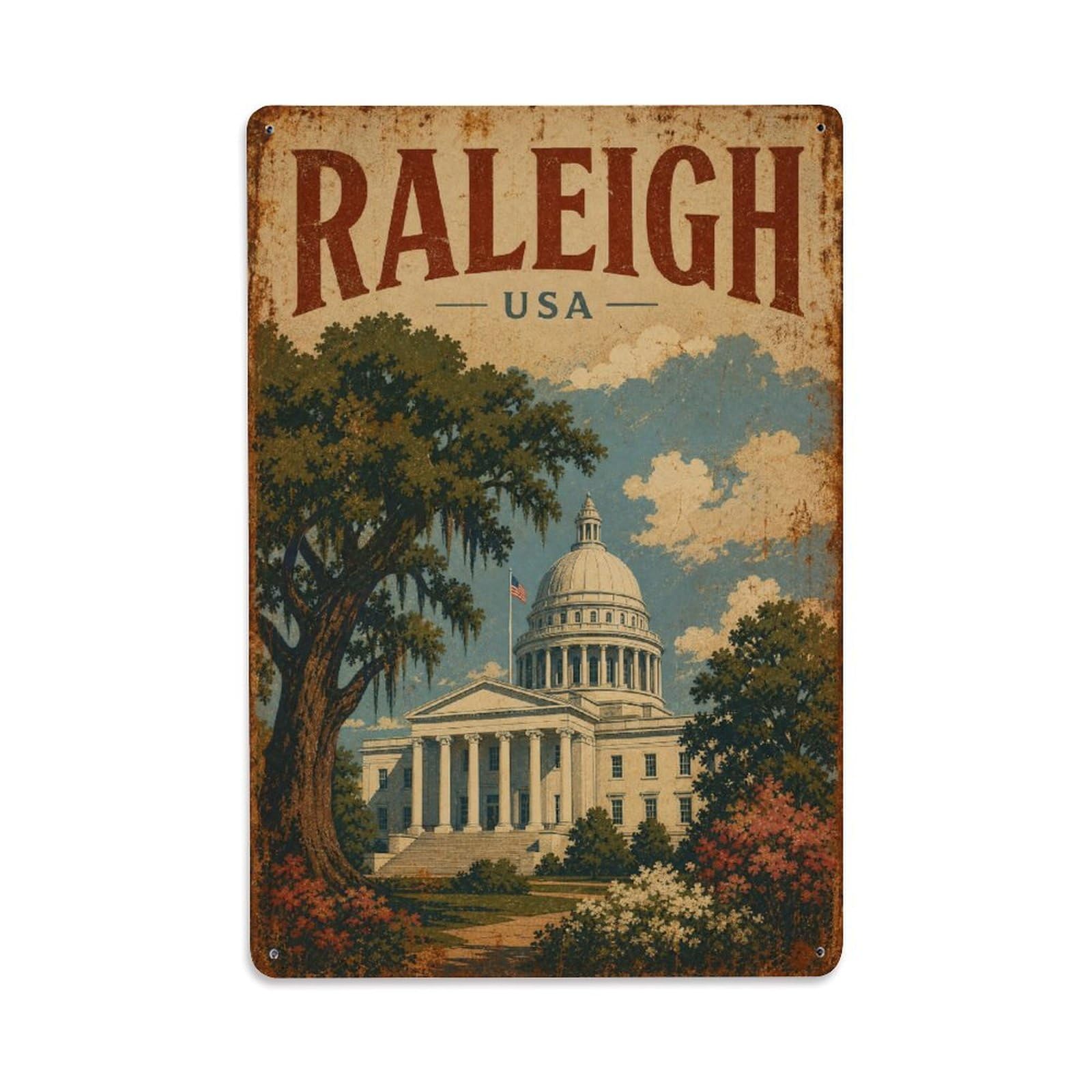 Vintage Travel USA Raleigh Metal Tin Sign