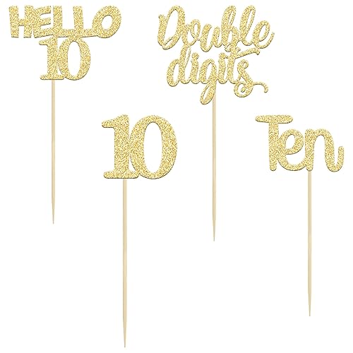 Miniatura 3 de Gyufise 24 piezas de adornos dorados para cupcakes de 10.º cumpleaños con purpurina dorada de doble dígito Hello 10 Ten Cupcake Picks para fiesta