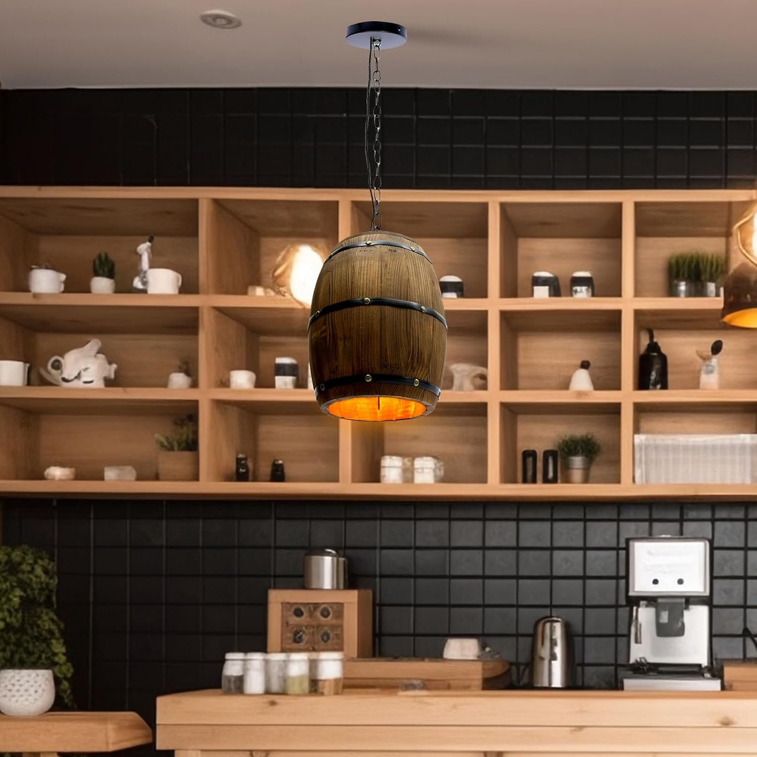 Retro Wood Wine Barrel Pendant Light Fixture Hanging Decor Rustic Unique Kitchen Bar Ceiling Lamp Chandelier Light Fixtures for Bar Cafe Home