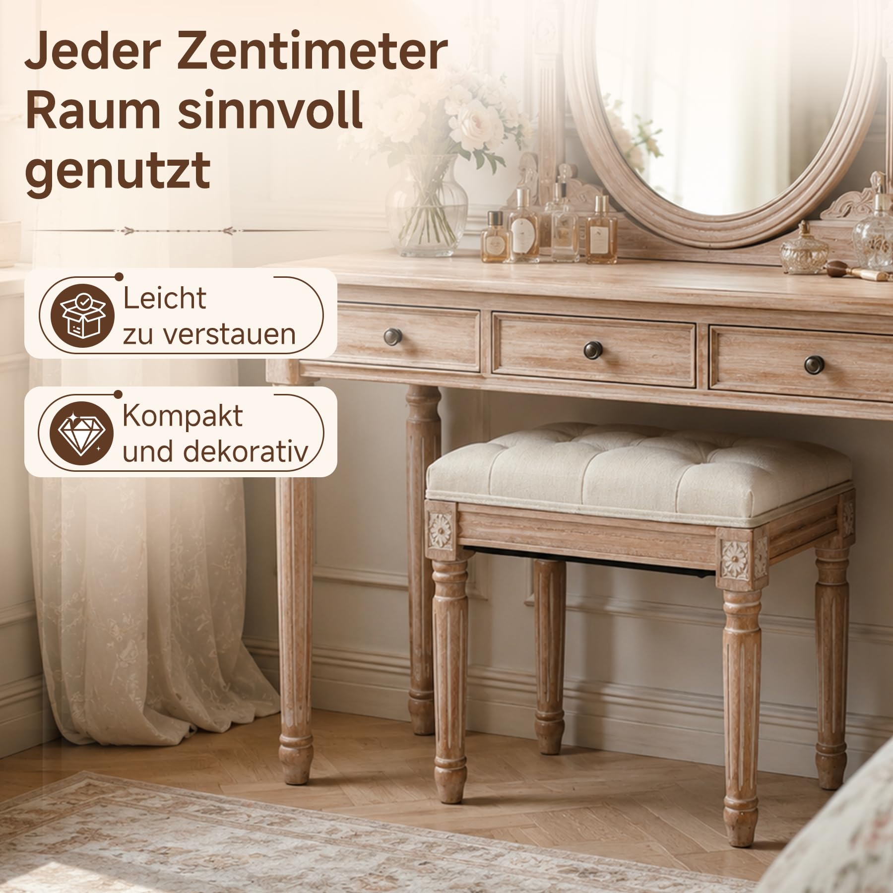 Schminkhocker Landhaus, Hocker für Schminktisch, Sitzhocker Samt, Klavierhocker Kosmetikhocker, Polsterhocker für Schlafzimmer, 40 * 30 * 46cm, Massivholzbeine, Beige