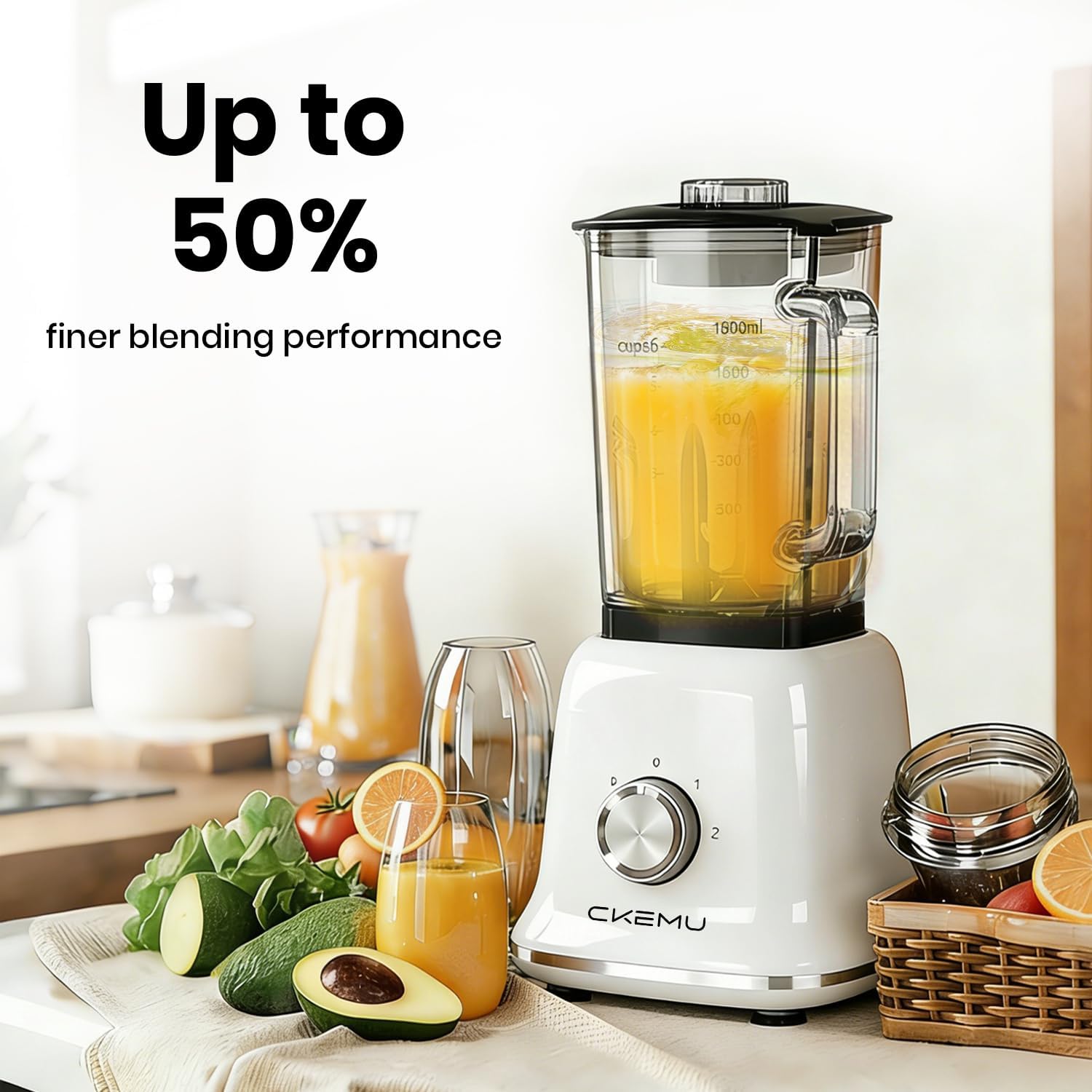 Professional Blender For Smoothies, Countertop Blender with 6 Cup Glass Jar, 3 Functions Including Puree, Crush Ice, 750 Watts (white)