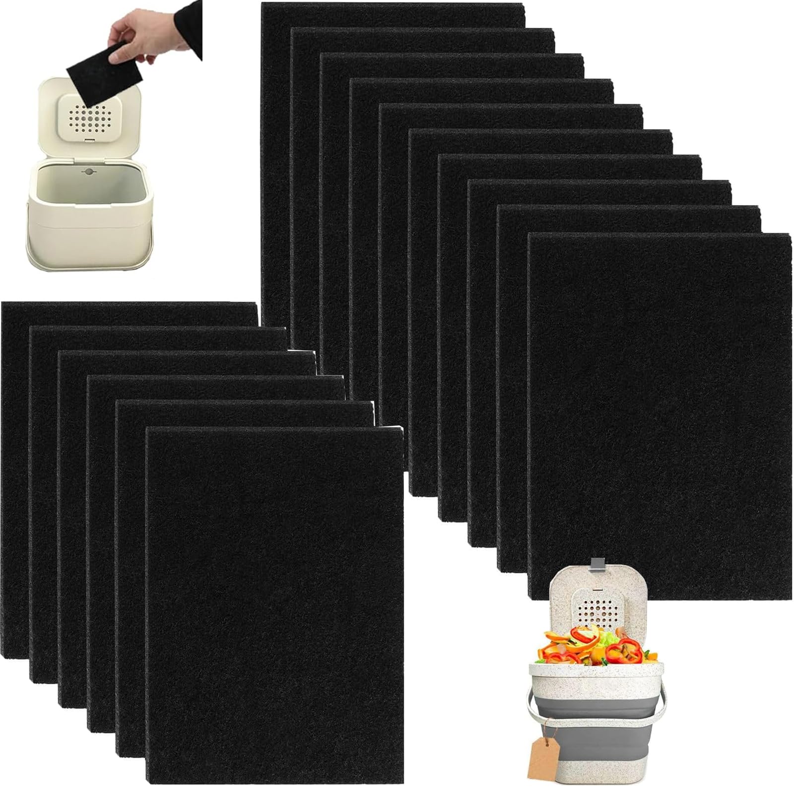 16 Pcs Activated Carbon Filters for Joseph & Joseph Compost Bins, Odour Filters for Food Caddy, Compatible with J&J Kitchen Bin, Replacement Rectangle Filter for Removes Odour & Keeps Room Fresh