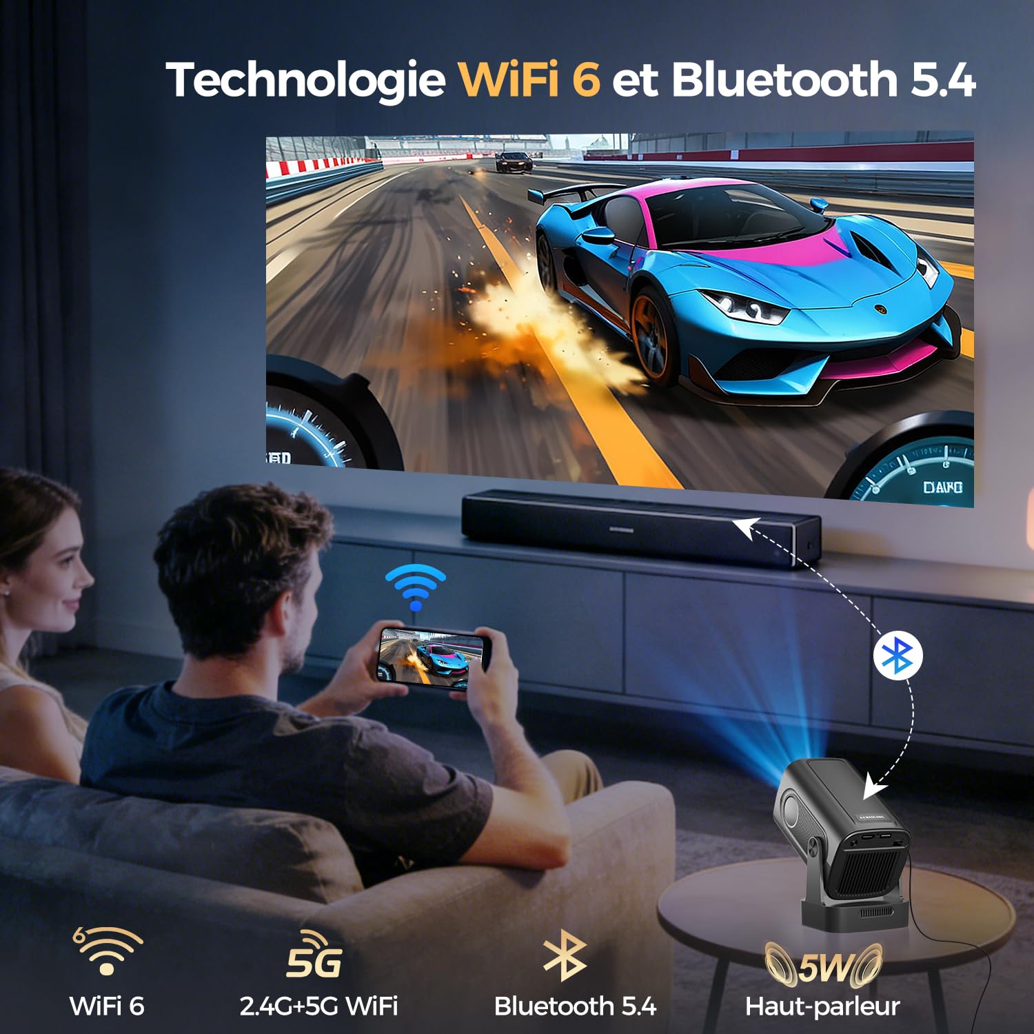 Alwtniet Videoprojecteur 4K, 1080P Mini Projecteur Video Android WiFi 6 BT 5.4, Mise au Point Automatique Correction Trapézoïdale Rotation 180° Retroprojecteur Compatibile avec HDMI/TV Stick, HY310
