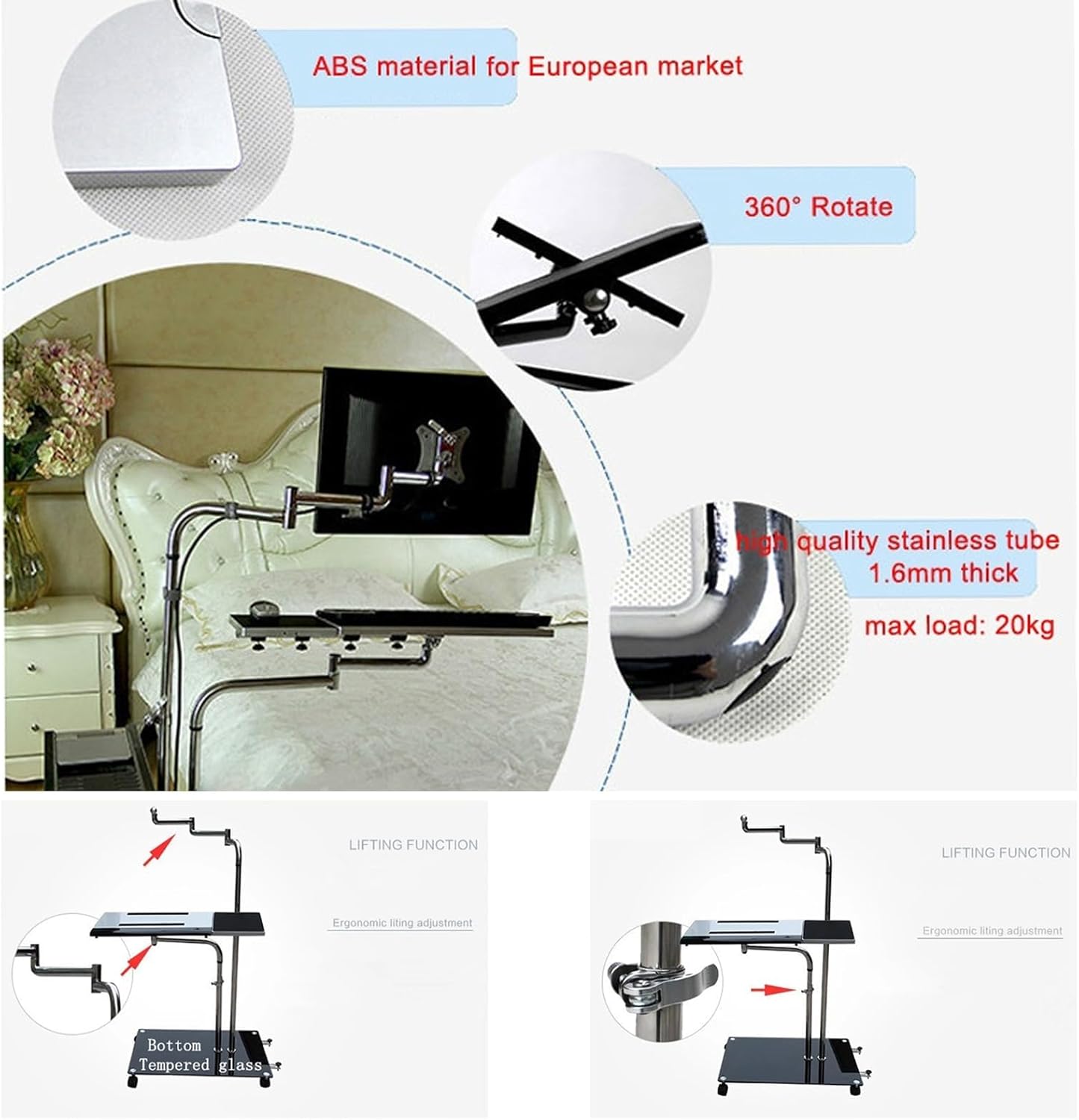OK610 OK611 - Bedside Moving Laptop Stand Adjustable Sofa Computer Monitor Holder Mount +Keyboard Holder Rotating Laptop Table Lapdesks (OK611W)