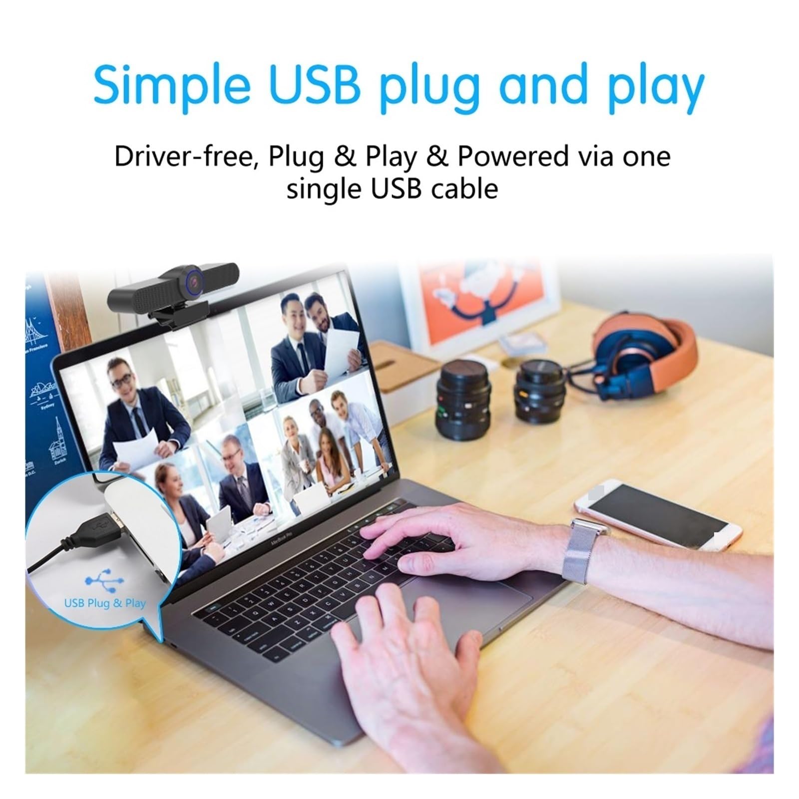 Webcam USB da 2,5 K con videocamera for conferenze con Zoom Digitale 4X 165 Gradi FOV 3 preimpostazioni for PC, TV e riunioni di Formazione