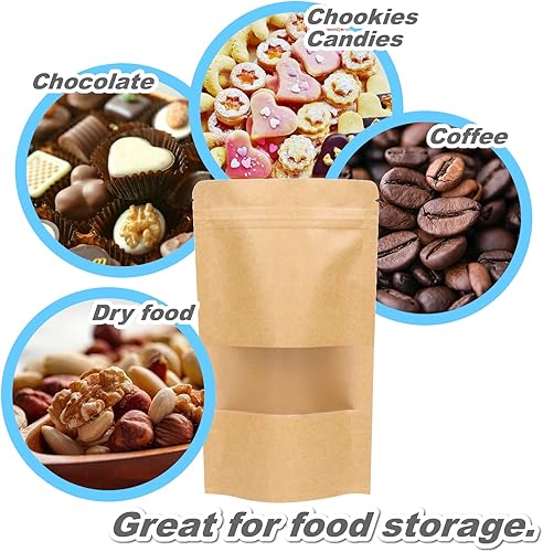 Miniatura 6 de Paquete de 110 bolsas de papel kraft Ziplock con ventana frontal mate para almacenamiento de alimentos, contenedores de embalaje resellables,