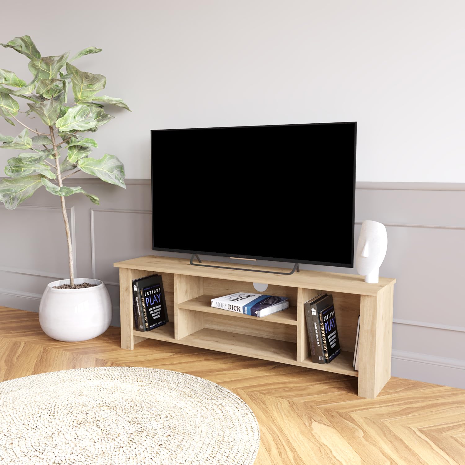 Bimossa Arsin Oak TV Stand Cabinet for 50 Inch TV – 114cm Durable Particle Board Unit with Open Shelves and Resilient Finish, Ideal for Living Room and Office