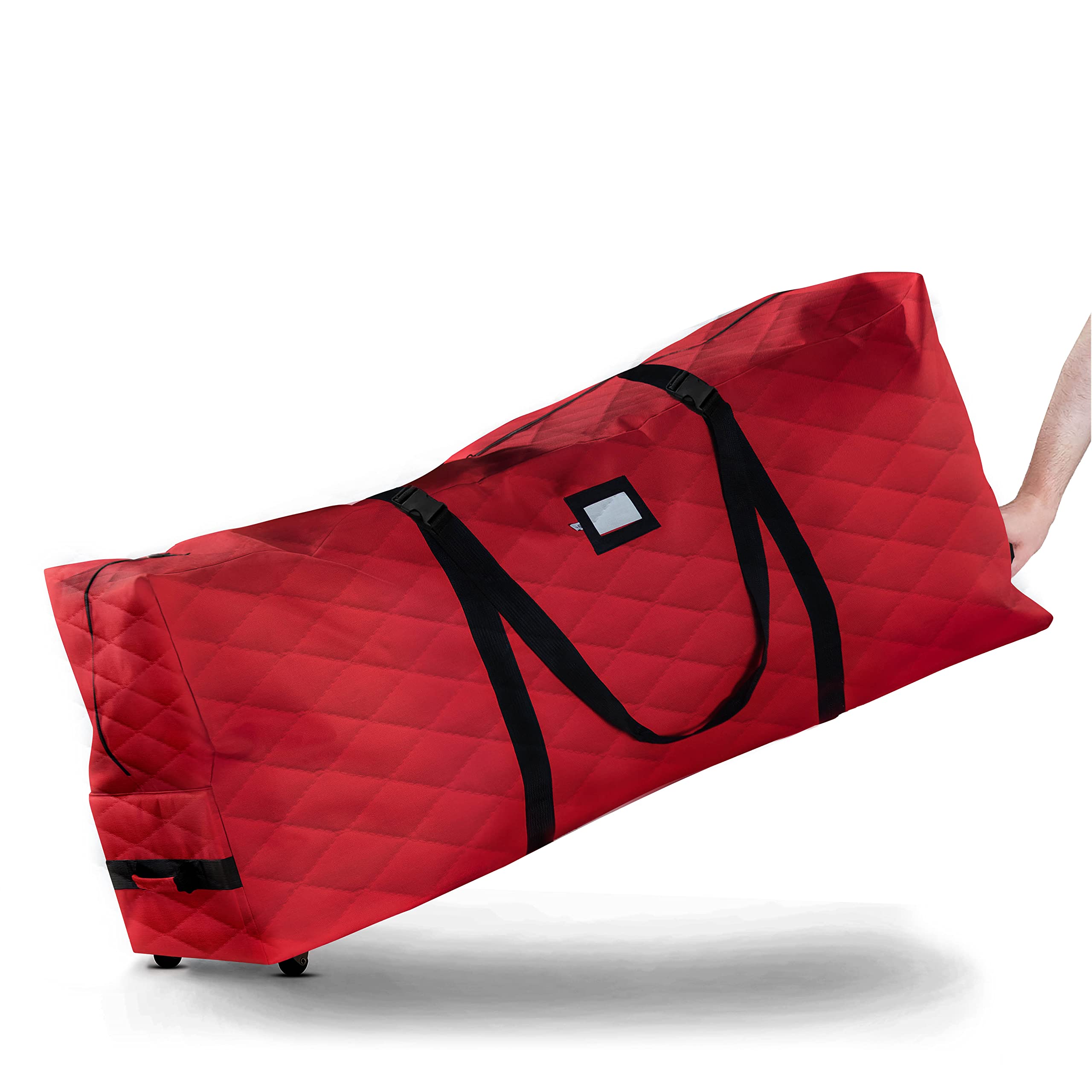ZOBER 600D Oxford Fabric Large Rolling Christmas Tree Storage Bag - Fits 9 Ft Artificial Trees - Waterproof Christmas Tree Bag For Storage Box For Xmas, Durable Handles and Wheels - Quilted Red