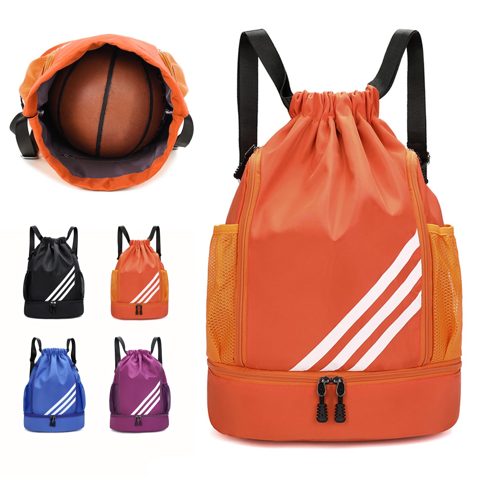 Geebymol Drawstring Bags, Large Waterproof Sports Backpack for Kids Adults, Unisex, Swim PE Bag Drawstring Gym Bag Sports Backpacks Swimming Bags for School Travel Workout, with Shoe Bag, Orange