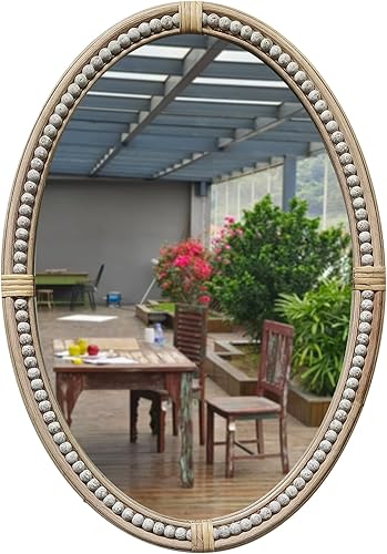PARISLOFT Espejo ovalado bohemio de 26 pulgadas con cuentas y decoración de ratán, espejo de decoración de granja, espejo de pared para sala de