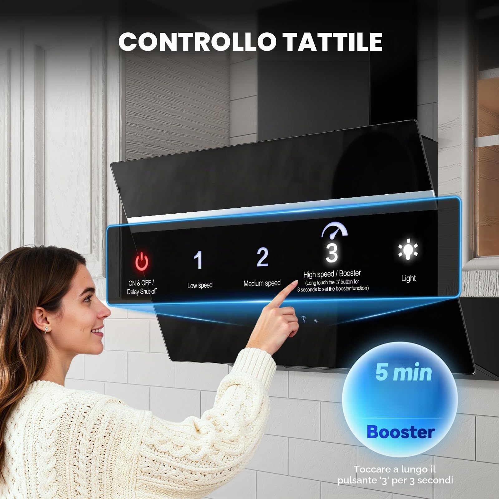 TopStrong Cappa aspirante 60 cm, 800 m³/h Cappa Cucina Inclinata 60cm con Filtro a Carboni, Classe A+++, Ricircolo & Canalizzazione, 3 Livelli di Regolazione + Booster, 65 dB, LED
