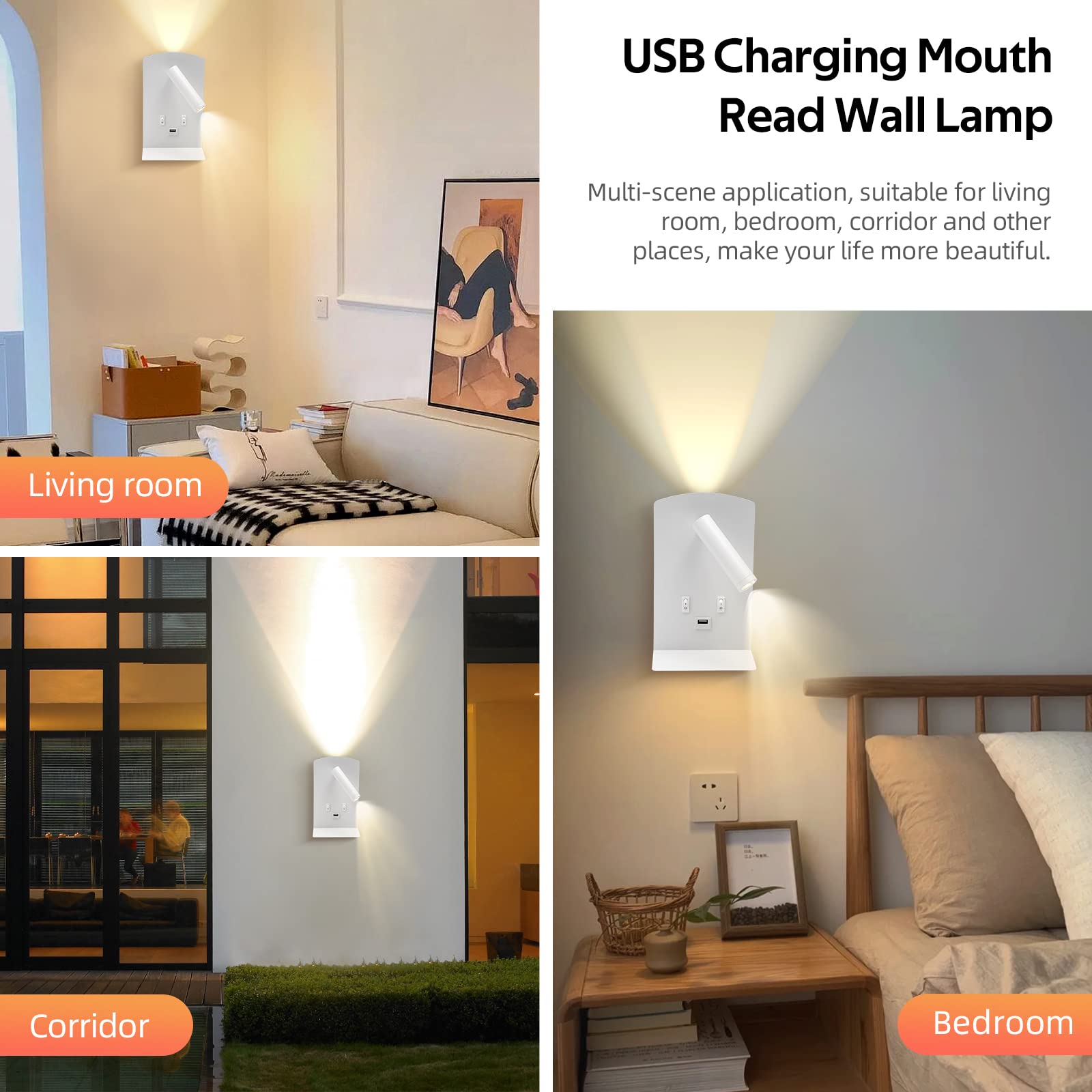 2Pcs Applique LED da Parete Interno, Applique da Parete LED con interruttore e ricarica USB, 12W Luce Caldo 3000k Luce da Lettura Comodino, Lampada LED Moderno per Camera da letto Soggiorno Bagno (D)