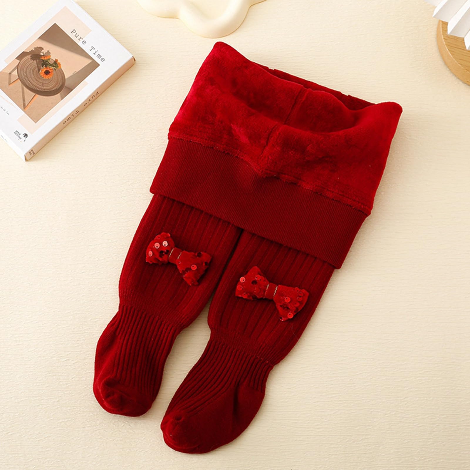 Gaono Baby Girl Thick Winter Tights Infant Cable Knit Leggings Stockings Toddler Christmas Ribbed Pantyhose with Bowknot (1 Red Style 4, 12-24 Months)