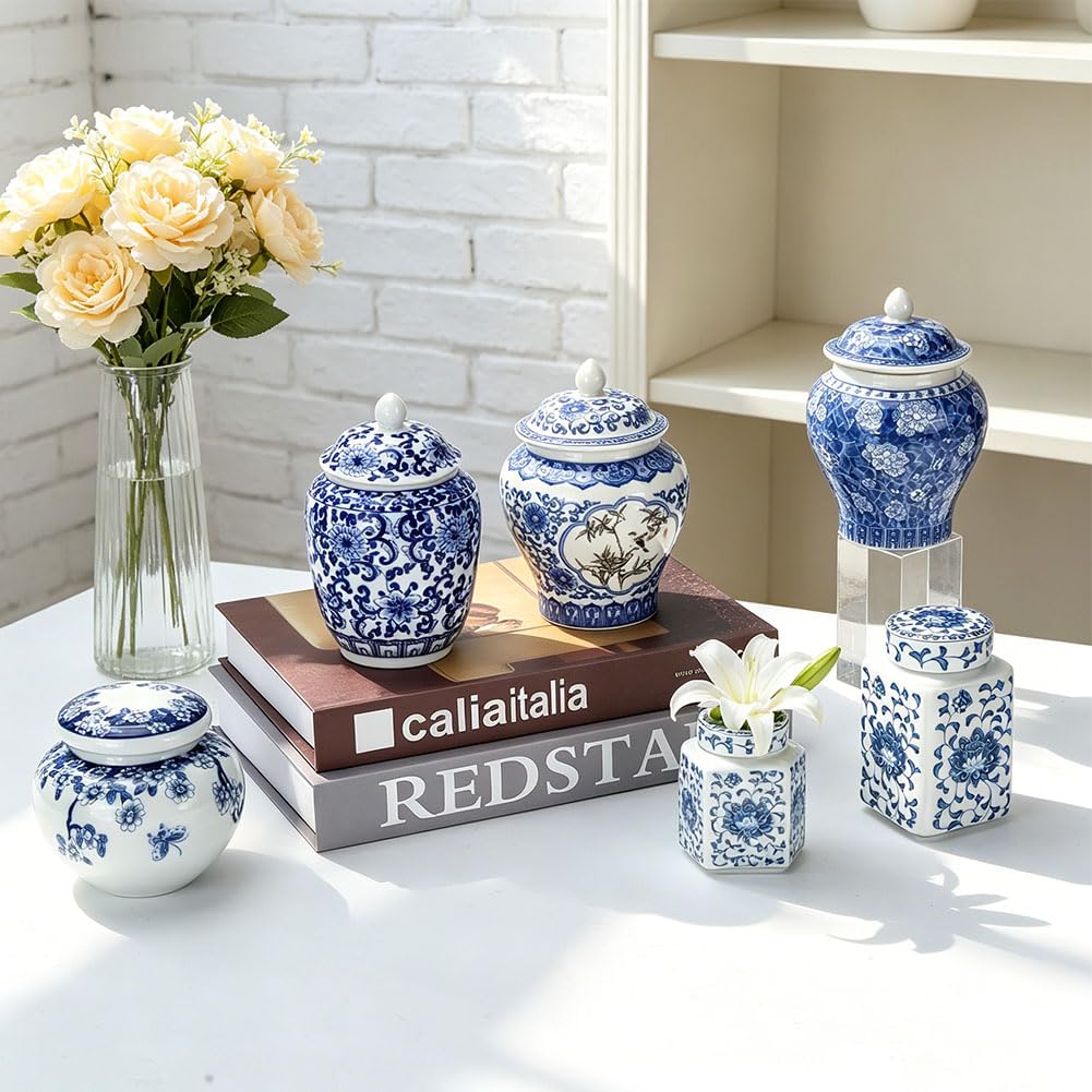 ORIGACH 5 Stück Keramik Ingwergefäß Blau Weiß Chinoiserie Dekorvase Ingwertöpfe Aus Porzellan Porzellanvasen Für Den Couchtisch Eingang Bauernhaus Wohnzimmer Wohnkultur
