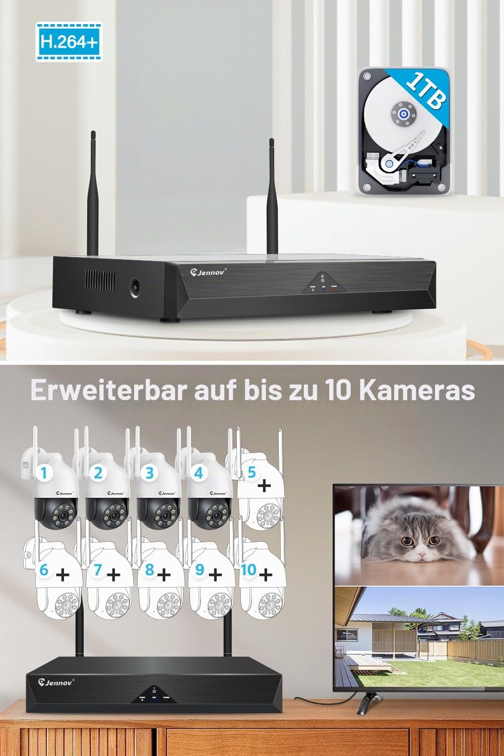 【5MP+360°PTZ】 Jennov Überwachungskamera Set Aussen WLAN, 5MP 10CH NVR und 4Pcs PTZ WiFi Kameras mit Farbe Nachtsicht, 2-Wege Audio, 24/7 Aufnahme, Personenerkennung, Automatische Verfolgung,1TB HDD