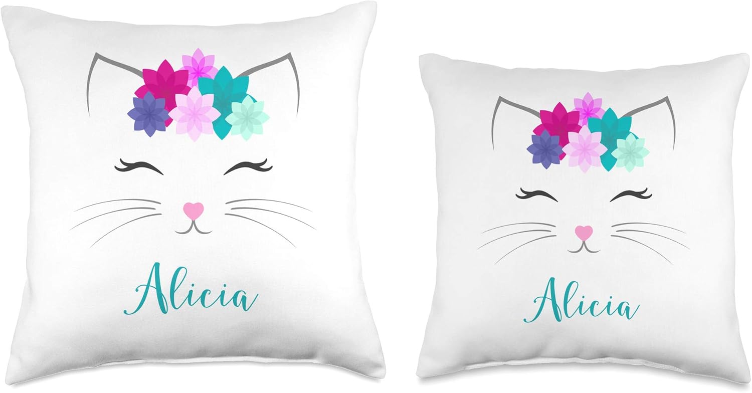 Alicia Name Gift Girls Personalized Kitty Cat Bedroom Decor Throw Pillow