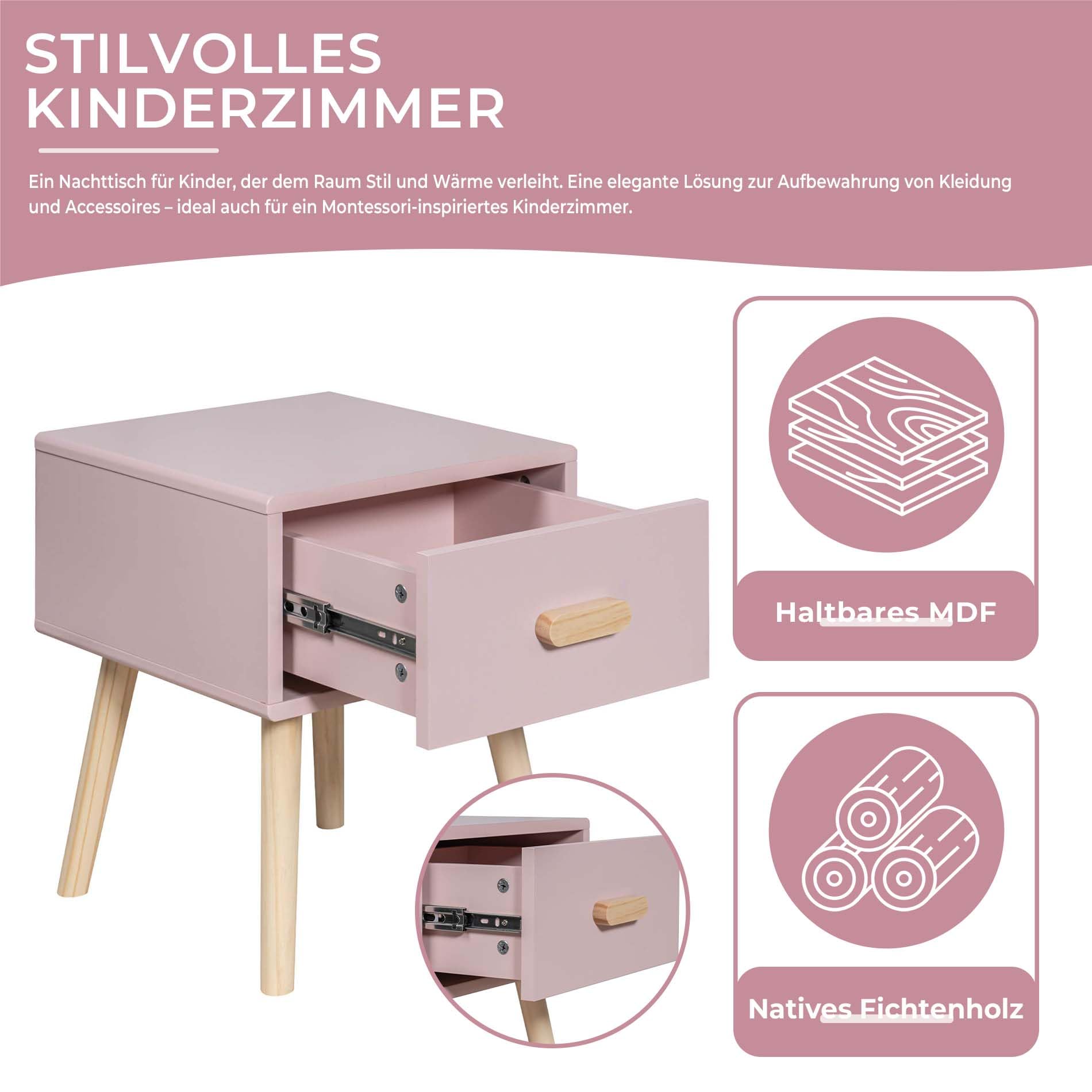 Rebecca Mobili Nachttisch für Kinder, Möbel für Kinderzimmer, Rosa Braun, Kiefern MDF, mit 1 Schublade mit Führungsschienen, Platzsparend - Maße HxBxT: 44 x 35 x 35 cm - Art. RE6977