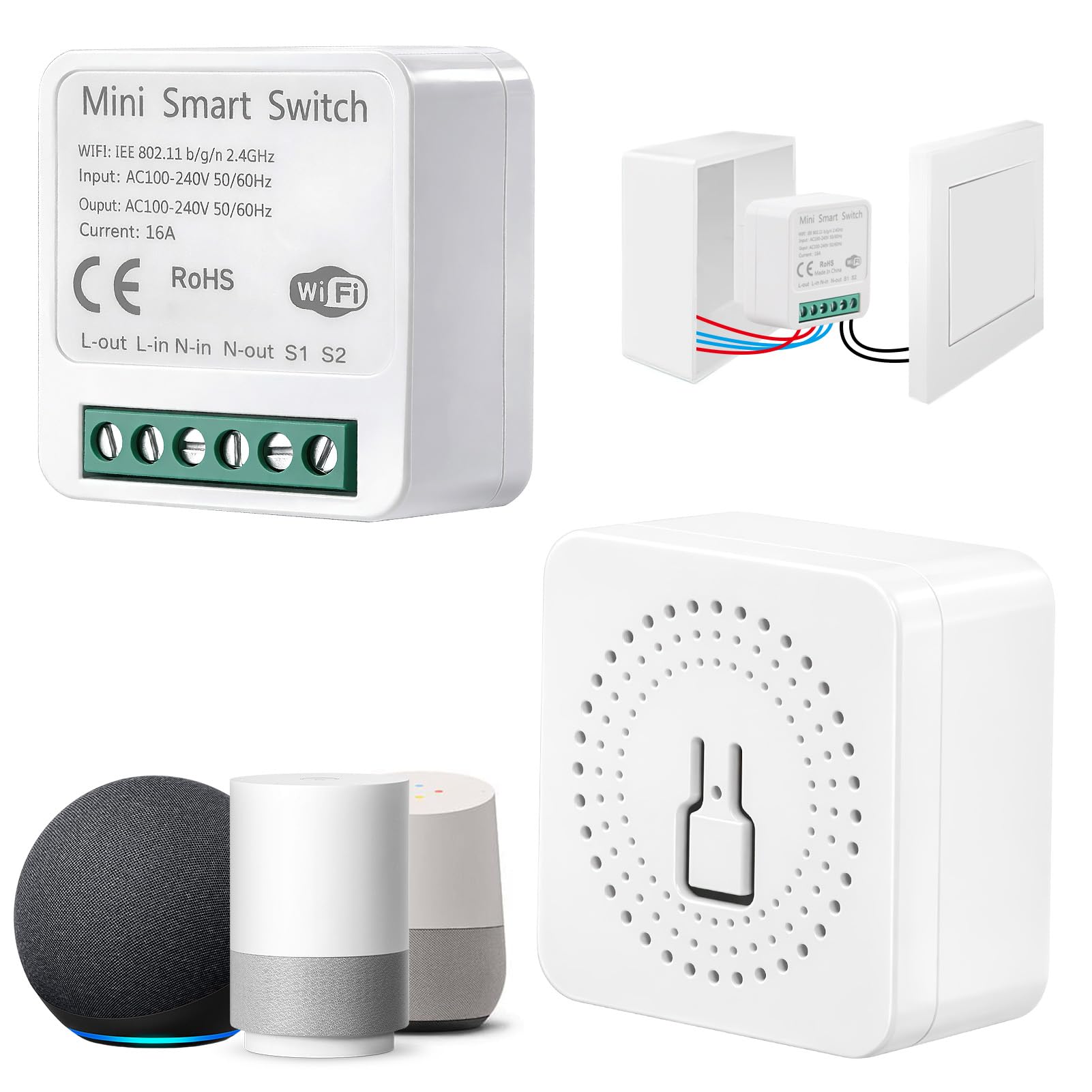 2pcs Interruptor Inteligente WiFi, Smart Switch WIFI Compatible con Alexa Tuya y Smart Life, Mini Interruptor WiFi DIY, Interruptore Inteligente 2.4GHz, Requiere Cable Neutro