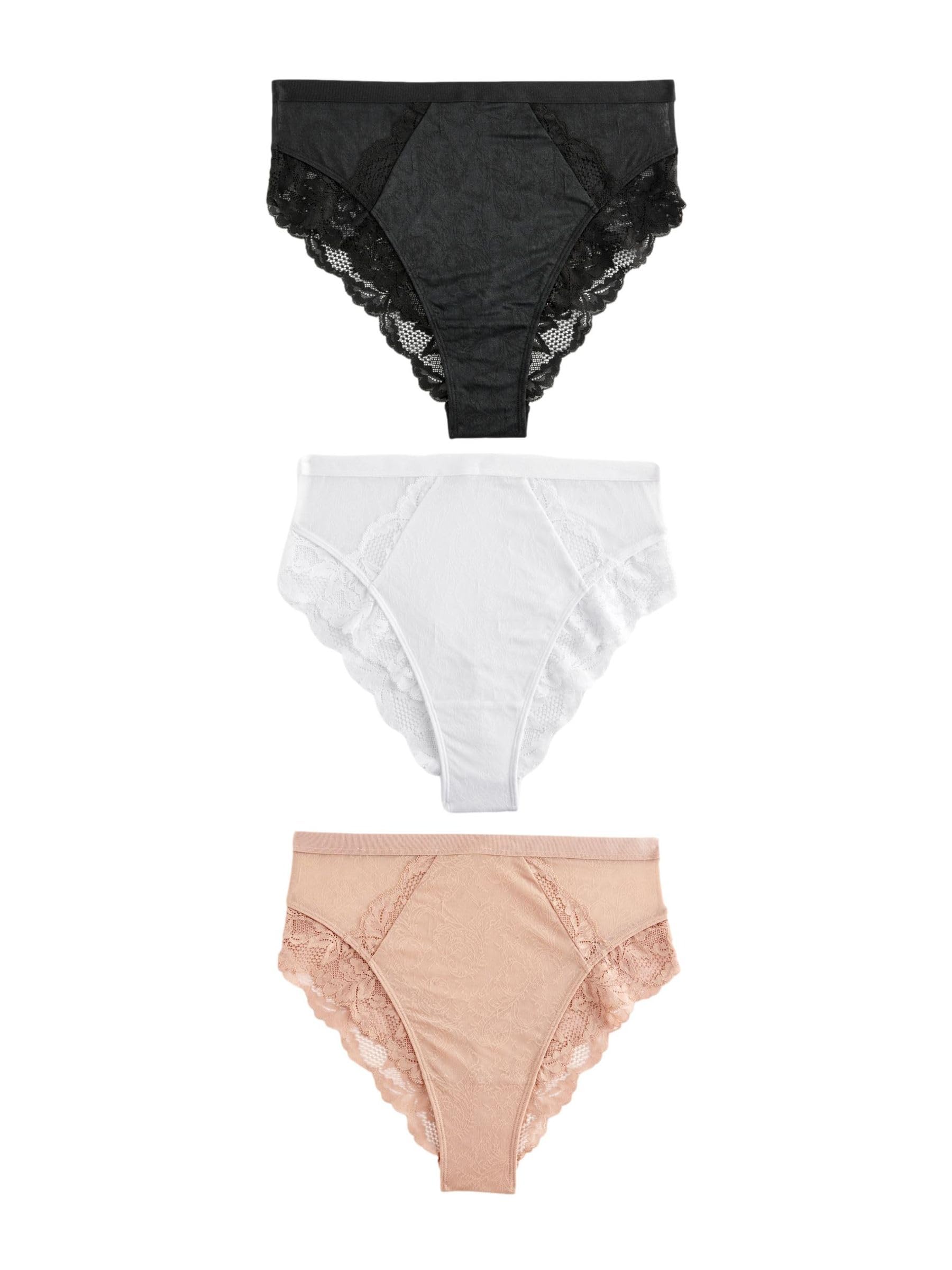 NEXT Mujeres Pack de 3 Braguitas de algodón de Cintura y Pernera Alta con Ribete de Encaje