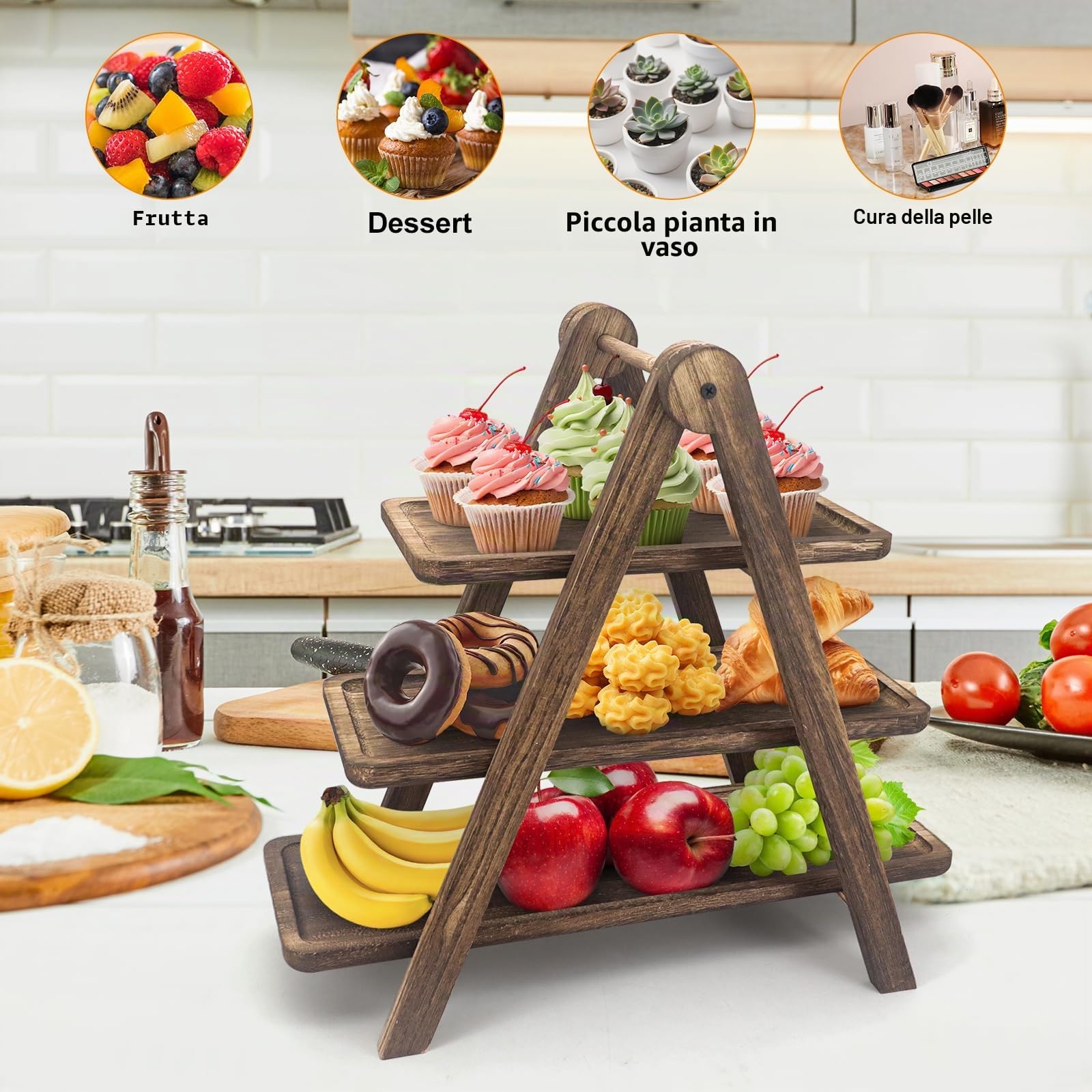 Alzatina per servire a 3 livelli, supporto in legno per cupcake, supporto per cupcake, 3 livelli, per feste, compleanni, matrimoni (legno)
