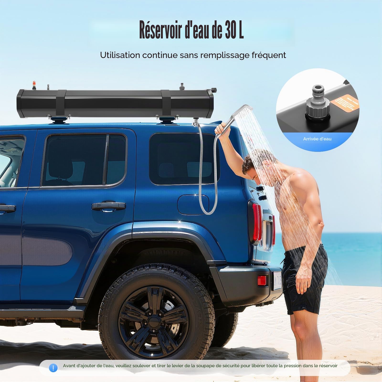 Douche d'extérieur de voiture avec réservoir de douche solaire de 30 l et pompe à pression (1,6 bar) – Douche d'eau chaude mobile pour camping, surf, plage – Montage facile sur le toit pour