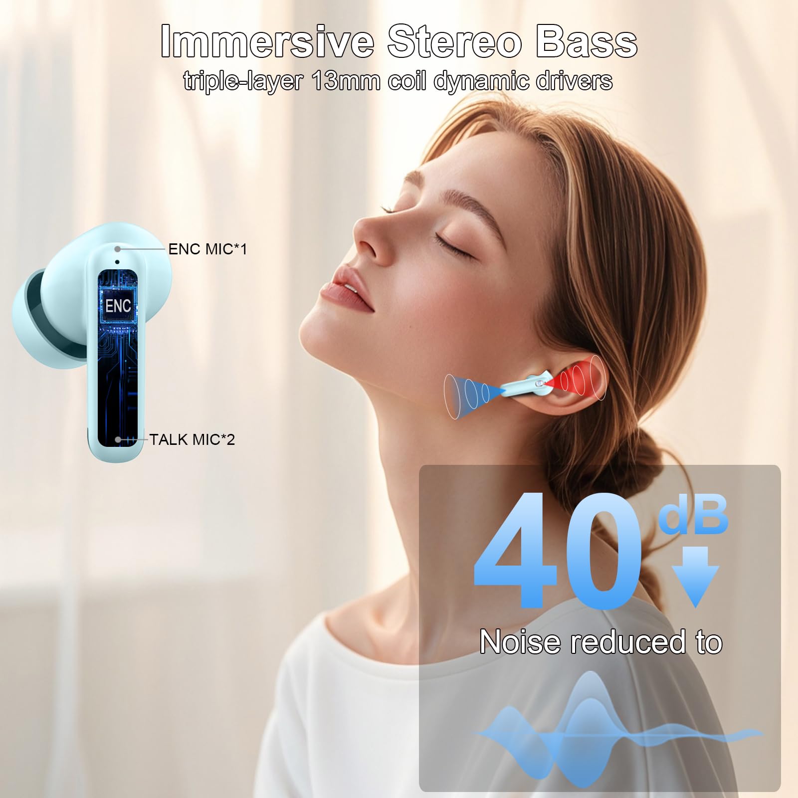 Auriculares inalámbricos Bluetooth 5.4, auriculares Bluetooth 4 ENC con cancelación de ruido, 50 horas de tiempo de reproducción, auriculares inalámbricos, estéreo HiFi, IP7 resistente al agua