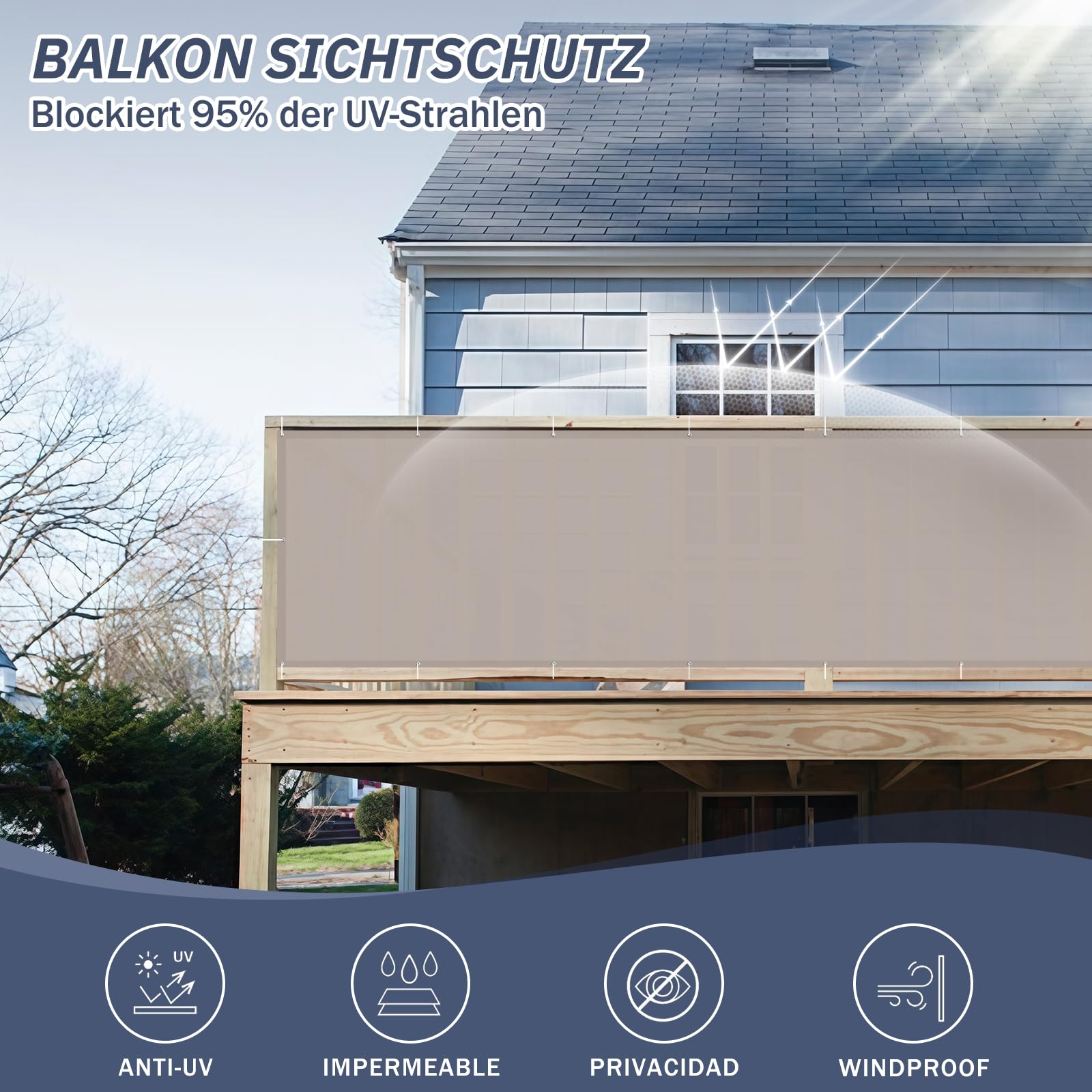 AEREY Balkon Sichtschutzplane 140x800 Cm – Blickdicht, Wind- & UV-geschützt