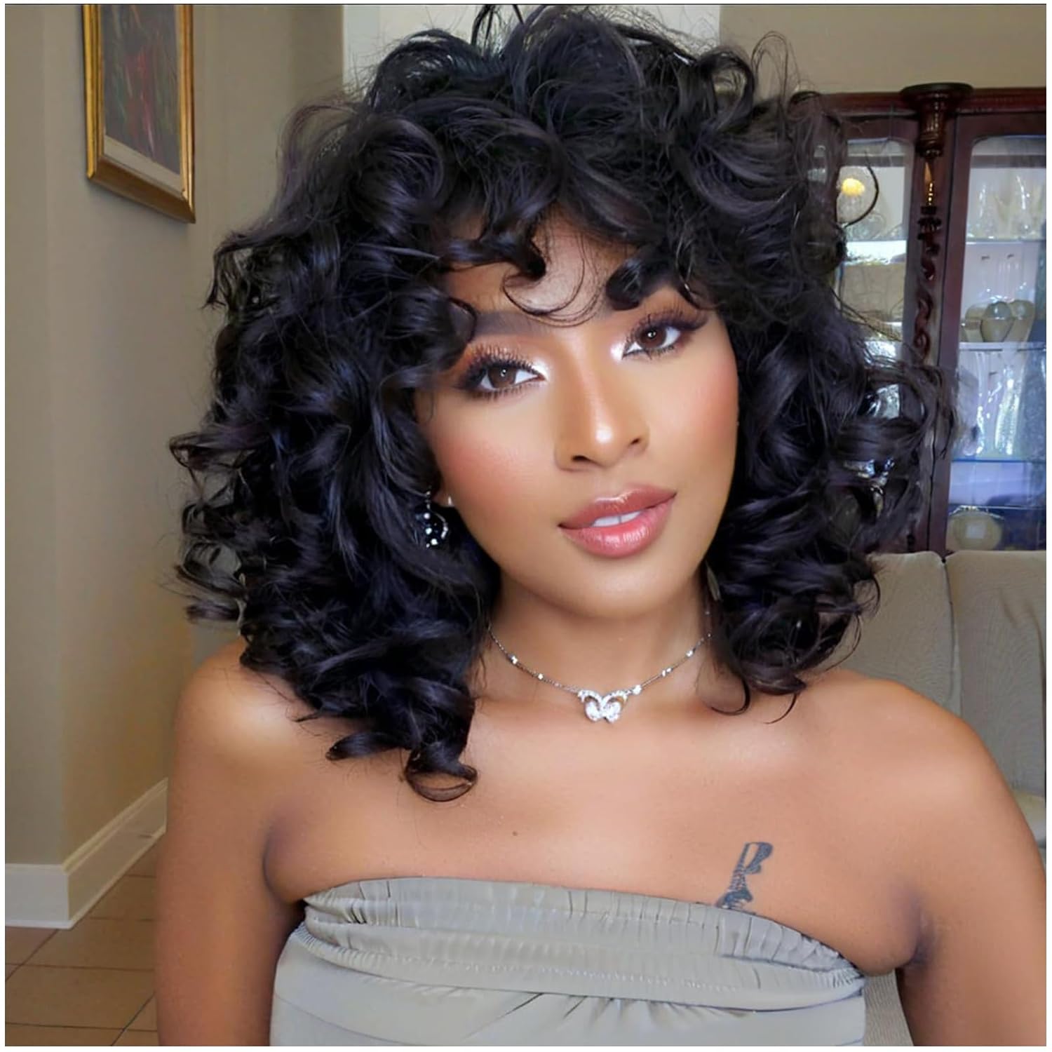 Short Curly Wigs for Black Women Soft Black Big Curly Wig with Bangs Afro Kinky Curls Heat Resistant Natural Looking Synthetic Wig for African American Women （Black）