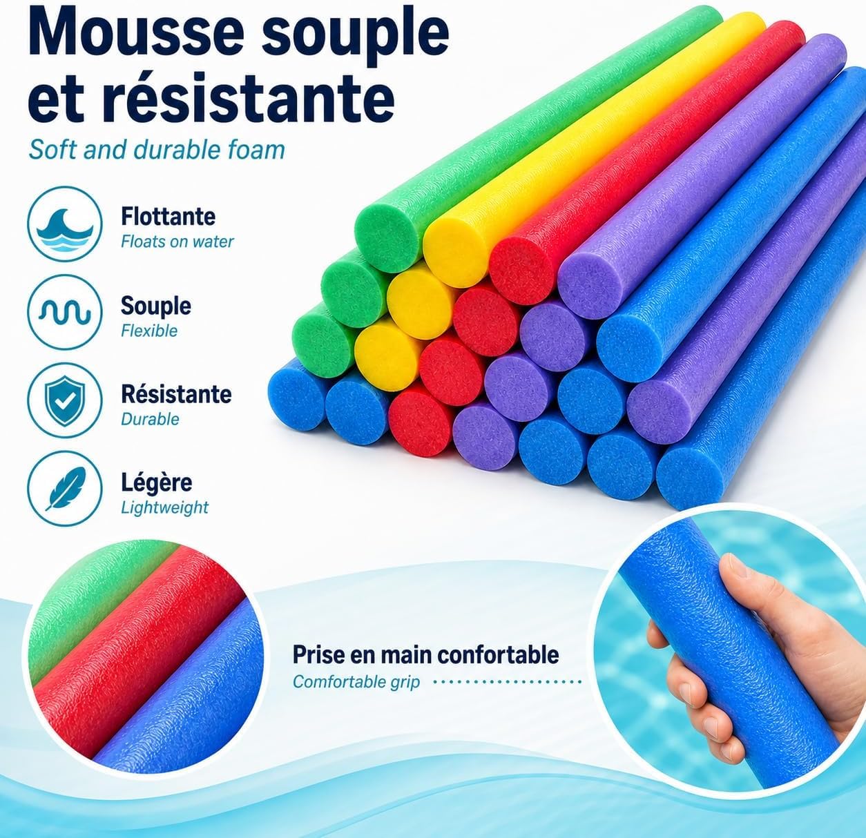 Lot 50 Frites de Piscine Mousse Flottantes 160 cm x 6,5 cm - Multicolores Souples et Resistantes - Accessoires Jeux Eau Piscine Mer Plage Aquagym Natation Enfants Adultes - Fun Noodle - Nouille -