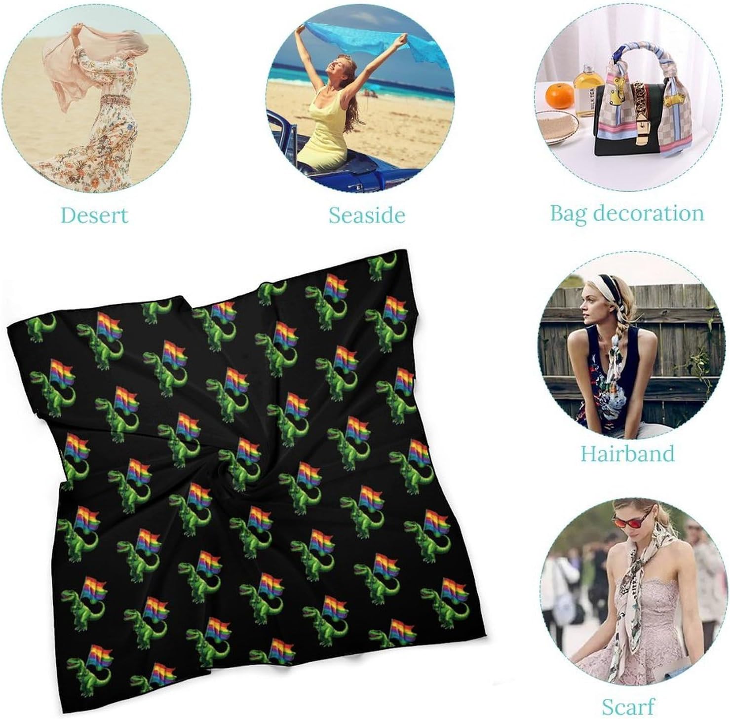 Dinosaur Rainbow Flag Proud Silk-Like Square Scarf for Women Vintage Printed Neck Scarf Bandanas Hair Scarves