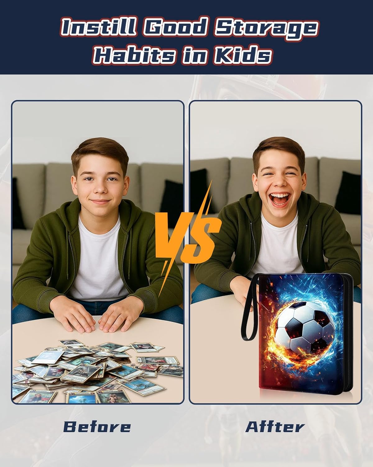 for 9 Pocket Trading Card Binder for 900 Cards - Large Capacity Card Collection Album Folder Double Sided Pocket with Zipper Football Design for Men Boys Teens for Sports Cards Game Cards