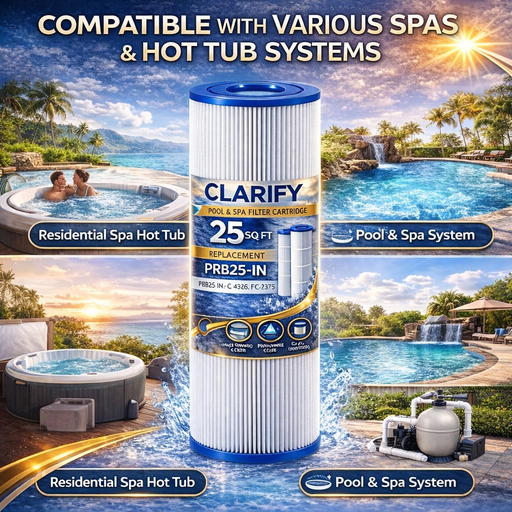 PRB25-IN Hot Tub Filter Replacement for C-4326, FC-2375, 303909 – 25 Sq Ft Spa Filter Cartridge Compatible with Pleatco PRB25-IN, Unicel C-4326, Filbur FC-2375, 5" x 13-5/16", 2-1/8" Open Top & Bottom
