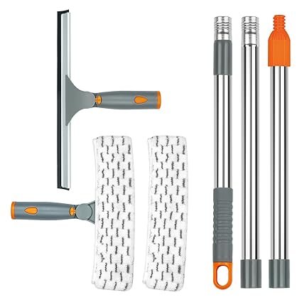 BITOPE Squeegee for Window Cleaning , Rotatable Cleaning Tool with Long Handle Extension Pole?11?Microfiber Scrubber and 12?Wide Squeegee Cleaner Kit for Car?Shower Glass Door?Commercial